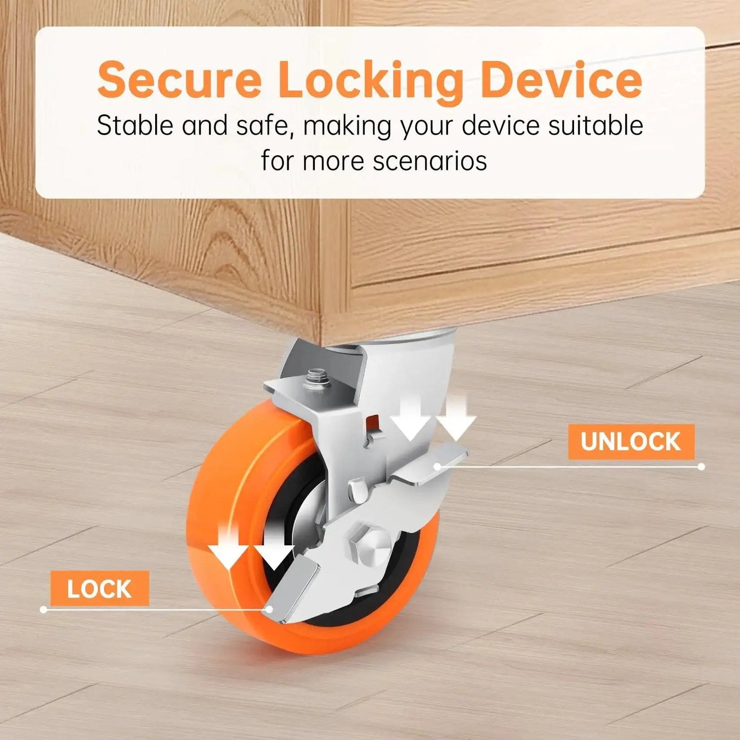 Close-up of locking mechanism on Heavy Duty Industrial Casters With Upgraded Thickened Bracket, 5 Inch Plate Swivel Caster.