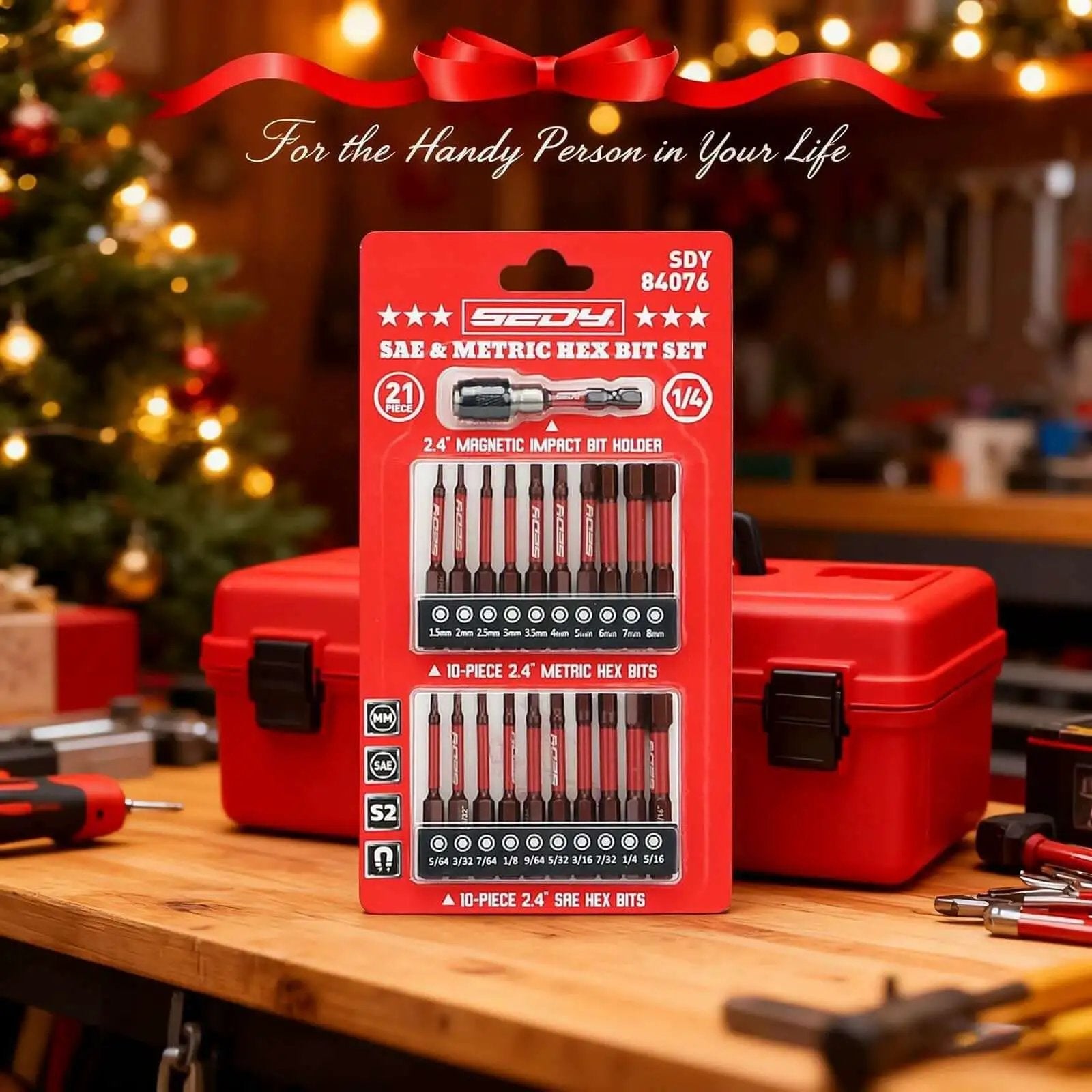 Ultimate 21 Piece 2.5 Inch Hex Head Allen Wrench Drill Bit Set With One Quarter Inch Hex Driver Bits in packaging on workbench