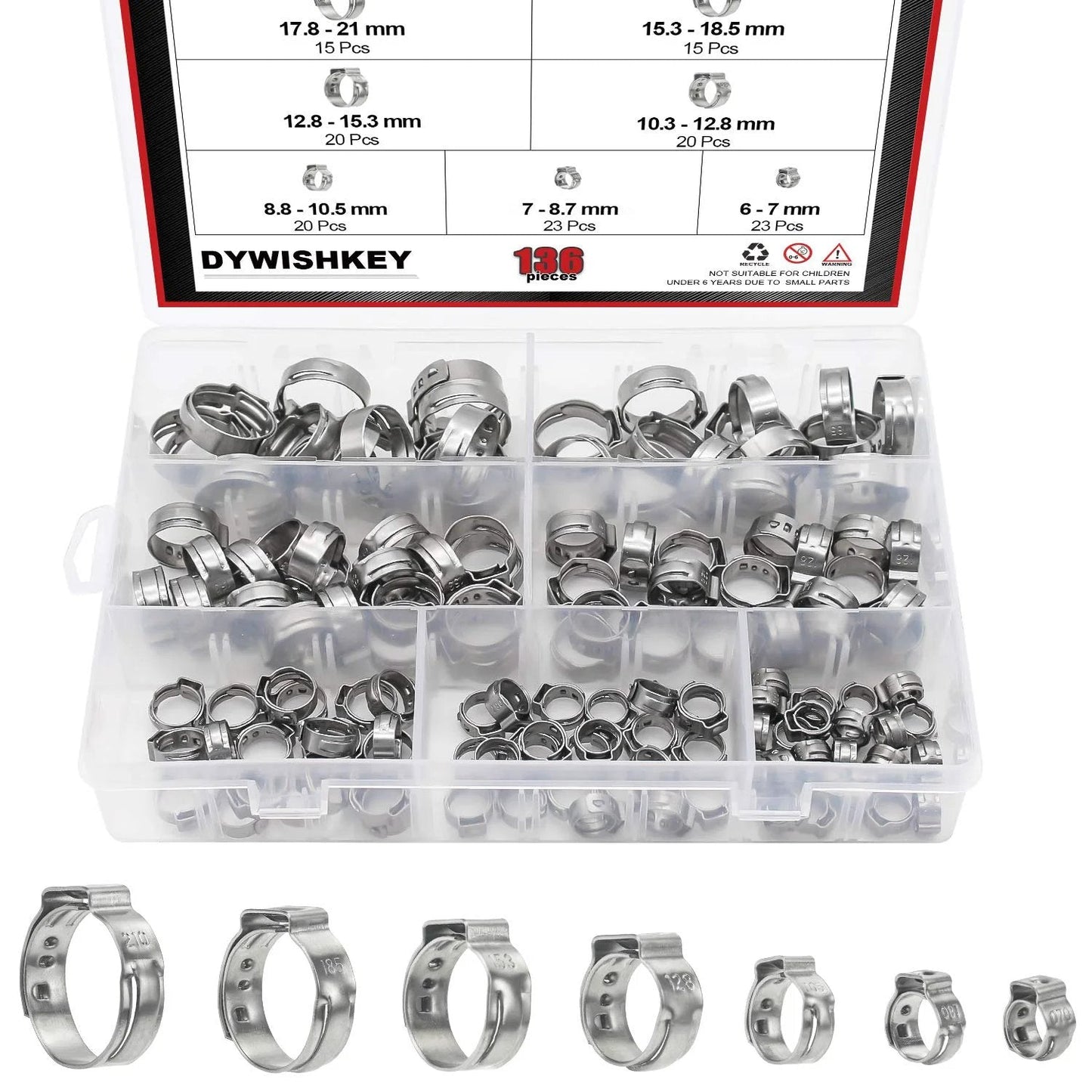 136 Piece 7 To 21mm Adjustable 304 Stainless Steel Single Ear Hose Clamps Kit For Automotive Plumbing And Marine Use With Wide Size Range And Durable Corrosion Resistant Build