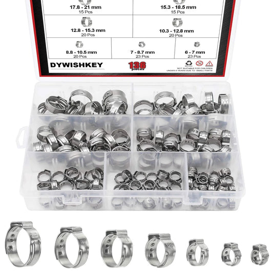 136 Piece 7 To 21mm Adjustable 304 Stainless Steel Single Ear Hose Clamps Kit For Automotive Plumbing And Marine Use With Wide Size Range And Durable Corrosion Resistant Build
