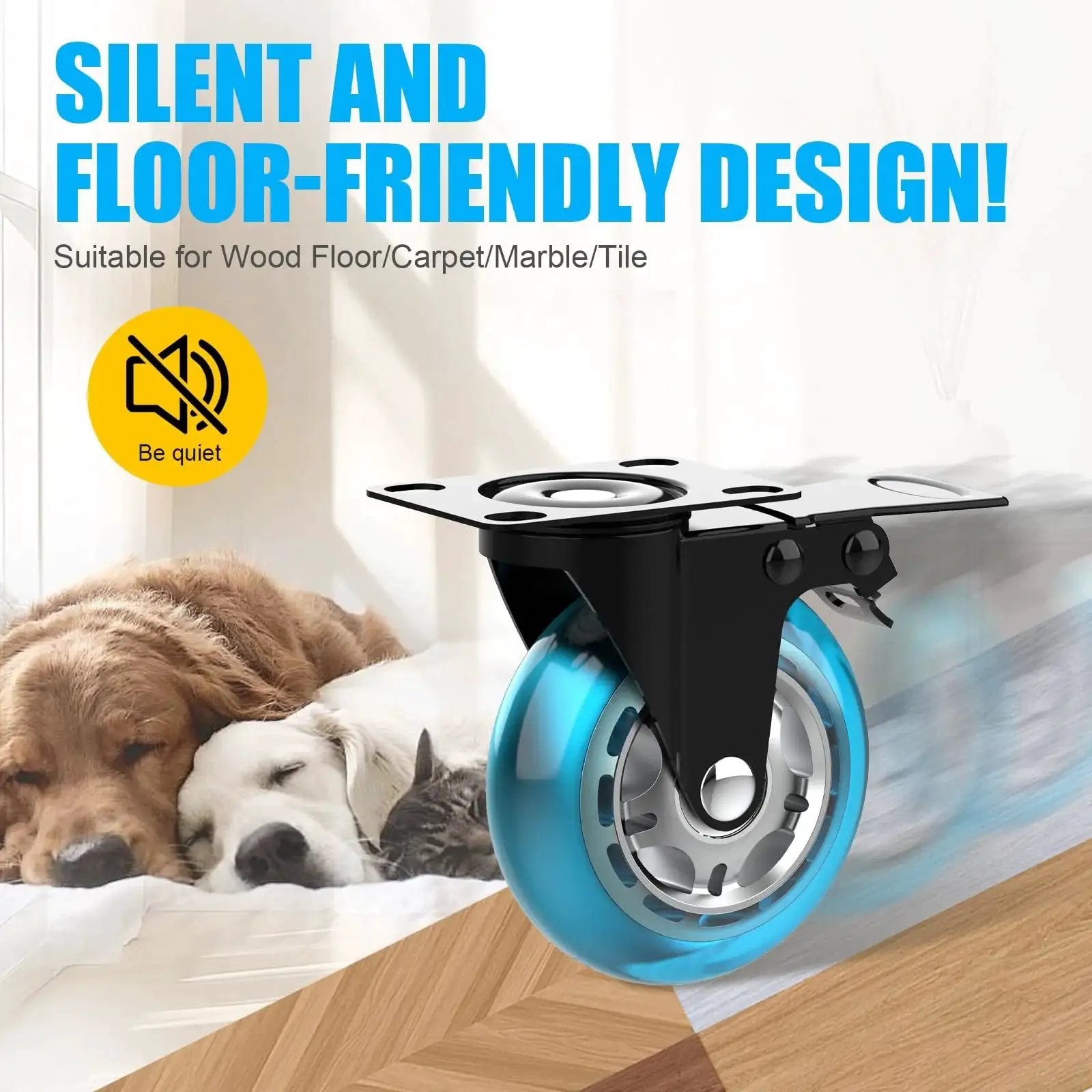 2 Inch Plate Caster Wheels Set Of 4 Heavy Duty With Brakes Up To 800 Lbs No Noise Polyurethane Castors 360 Degree Swivel Non Marking Blue Wheels