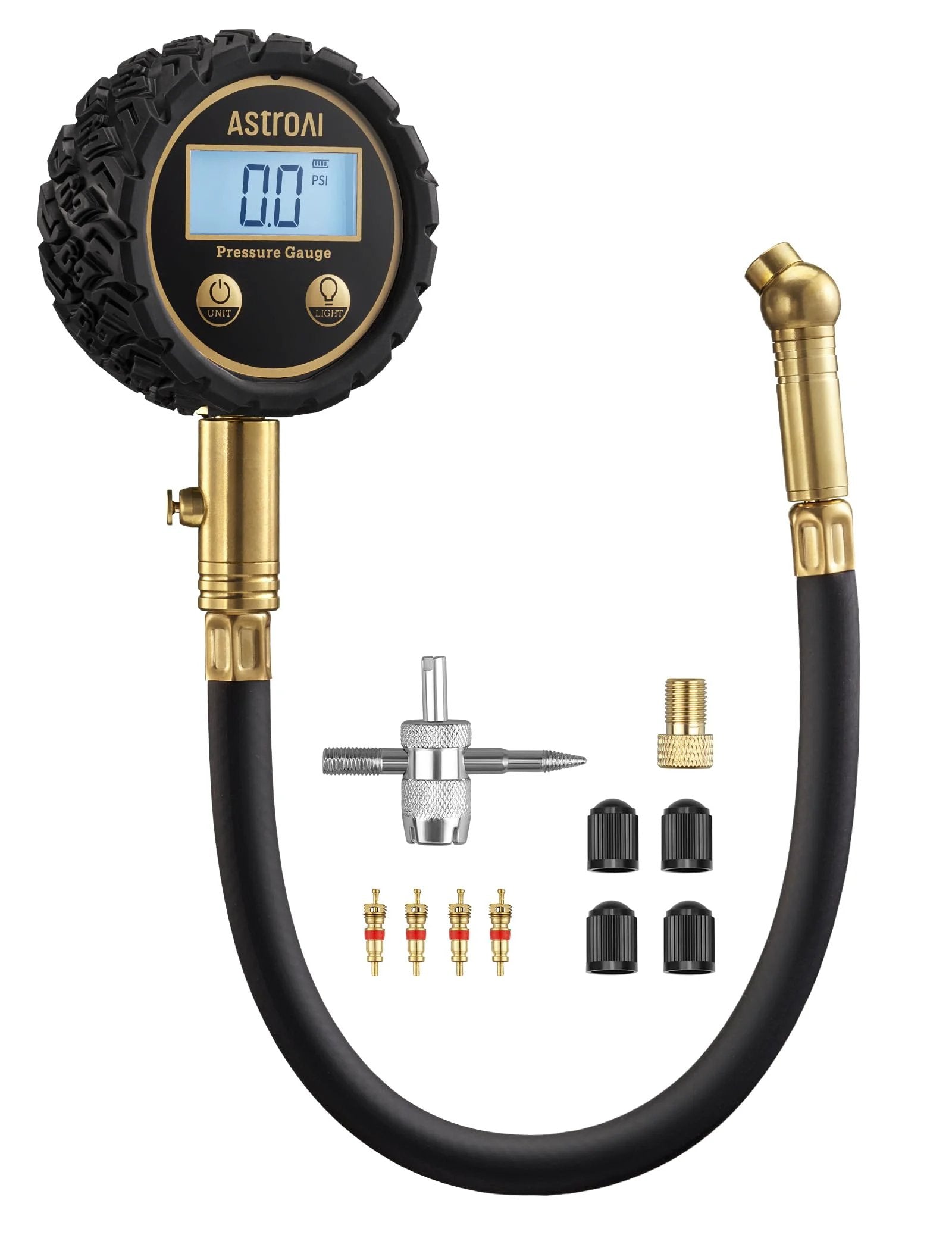 Car Tire Pressure Gauge With Backlit LED, Solid Brass Construction And Rubber Hose, Air Bleeder Valve, ANSI B40.7 Grade 2A Pro Accuracy, 3 To 250 PSI Range