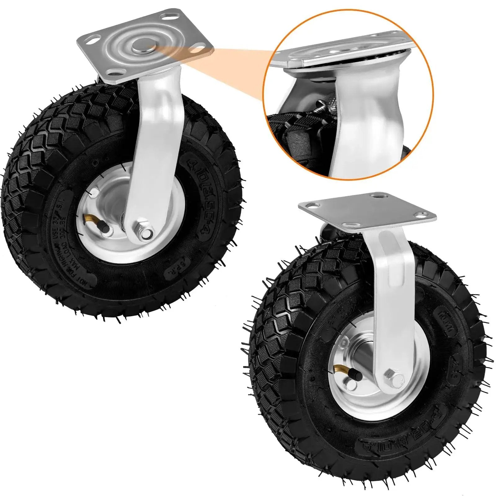 Heavy Duty Pneumatic Casters 10 Inch 4 Pack With 2 Swivel And 2 Rigids, 1200 Lbs Capacity, Rubber Wheel close-up view