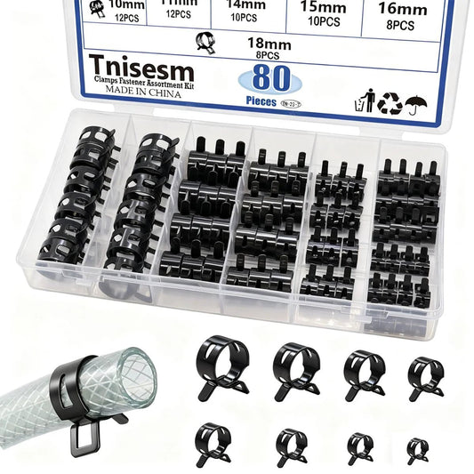 80 Pcs Silicone Vacuum Hose Clamps Set Spring Band Hose Clamps For Low Pressure Air Lines With Diameters 7mm 9mm 10mm 11mm 14mm 15mm 16mm 18mm Durable 65Mn Steel And Included Plastic Storage Box