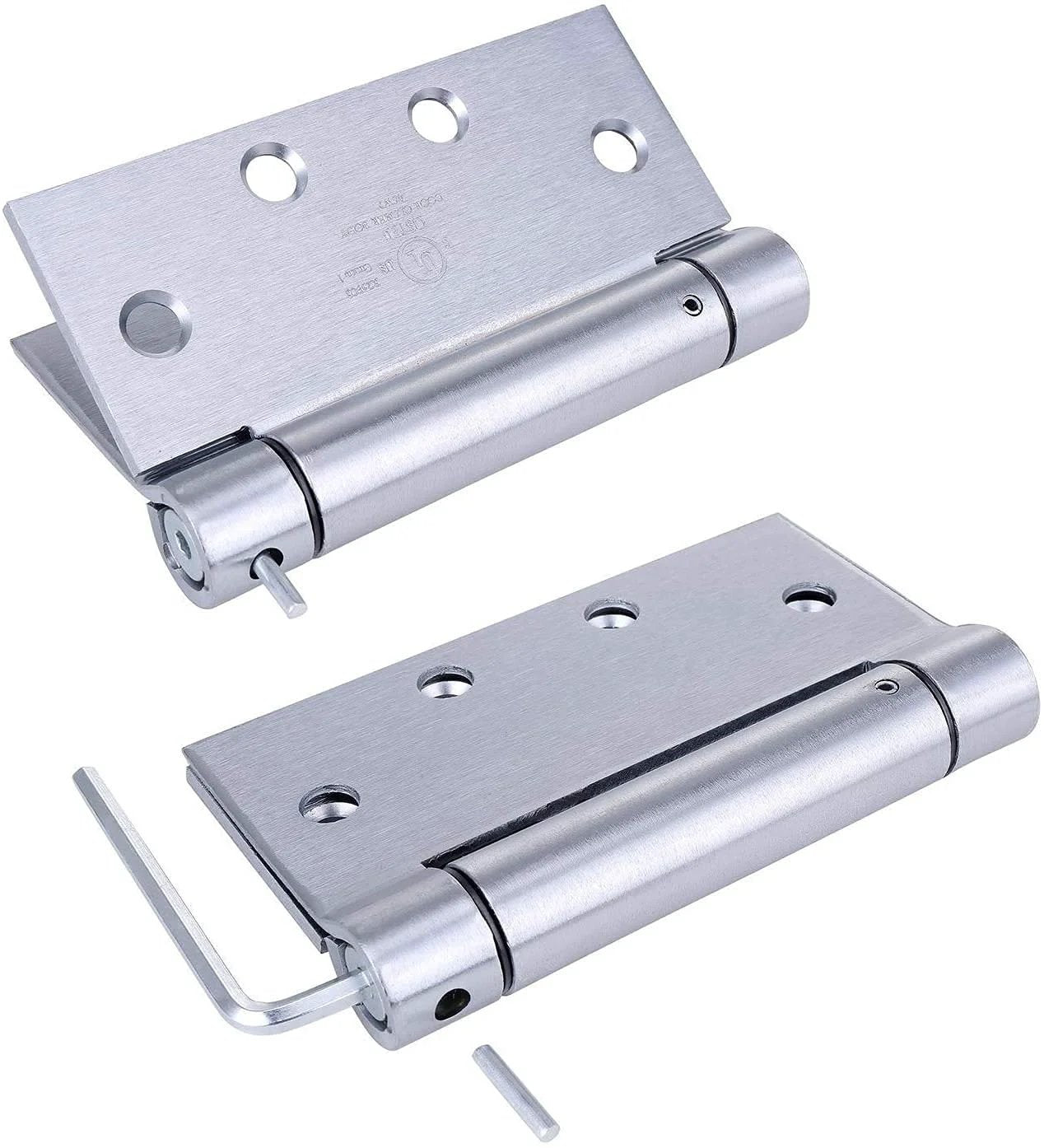 Heavy Duty Stainless Steel Door Hinge Set Pro Grade 4.5 Inch By 4.5 Inch Self Closing Reversible Spring Hinges UL Listed With Complete Installation Hardware 2 Pack