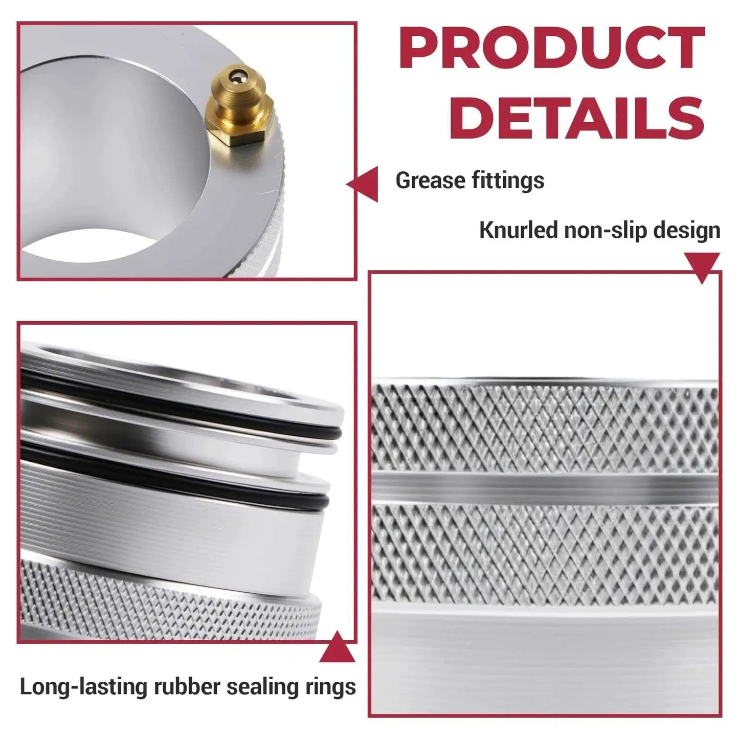 Close-up of 44mm Front And Rear Wheel Bearing Greaser Kit Aluminum UTV Tool Kit for Polaris, showing grease fittings and knurled design.