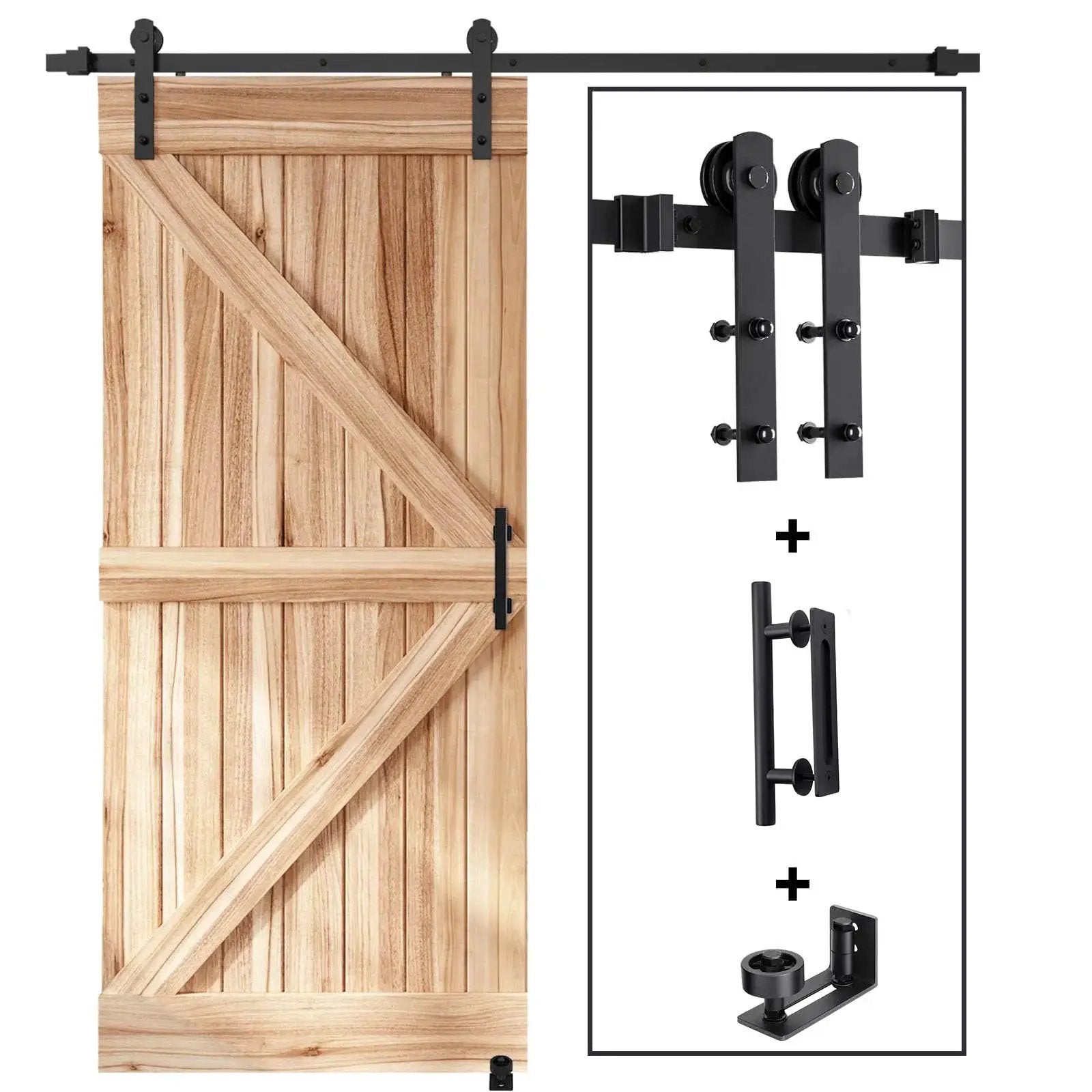 Sliding Barn Door Track And Handle Hardware Kit With Straight Pulley For Smooth Quiet Operation And Easy Installation, 6 Ft Track Kit For 30 To 36 Inch Wide Single Door, Aluminum With Black Powder Coat For Anti Corrosion And Smooth Quiet Rollers with light wood door panel and hardware components