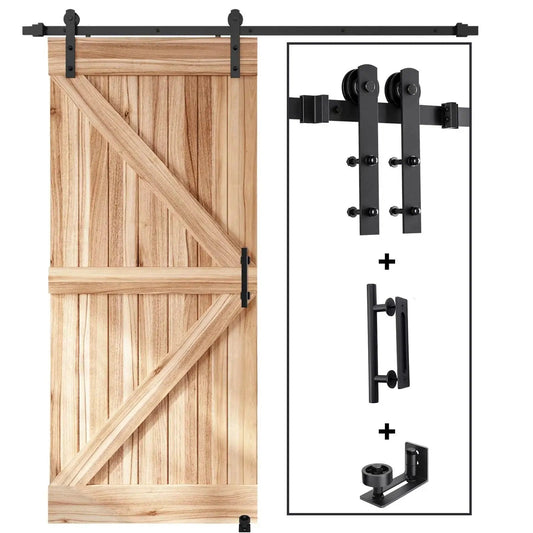 Sliding Barn Door Track And Handle Hardware Kit With Straight Pulley For Smooth Quiet Operation And Easy Installation, 6 Ft Track Kit For 30 To 36 Inch Wide Single Door, Aluminum With Black Powder Coat For Anti Corrosion And Smooth Quiet Rollers with light wood door panel and hardware components