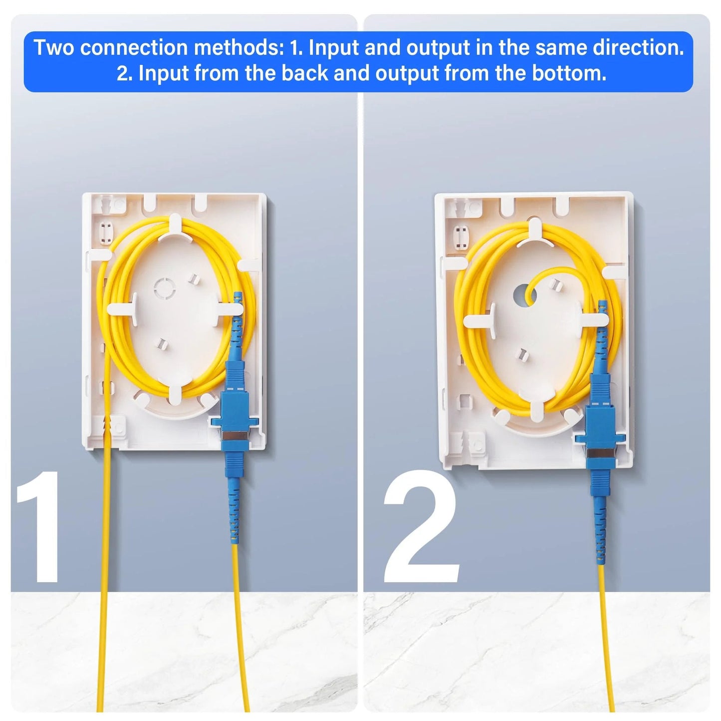 2 Port Fiber Optic Terminal Junction Box Desktop Panel For FTTH With SC UPC Connectors shown with cable management setup