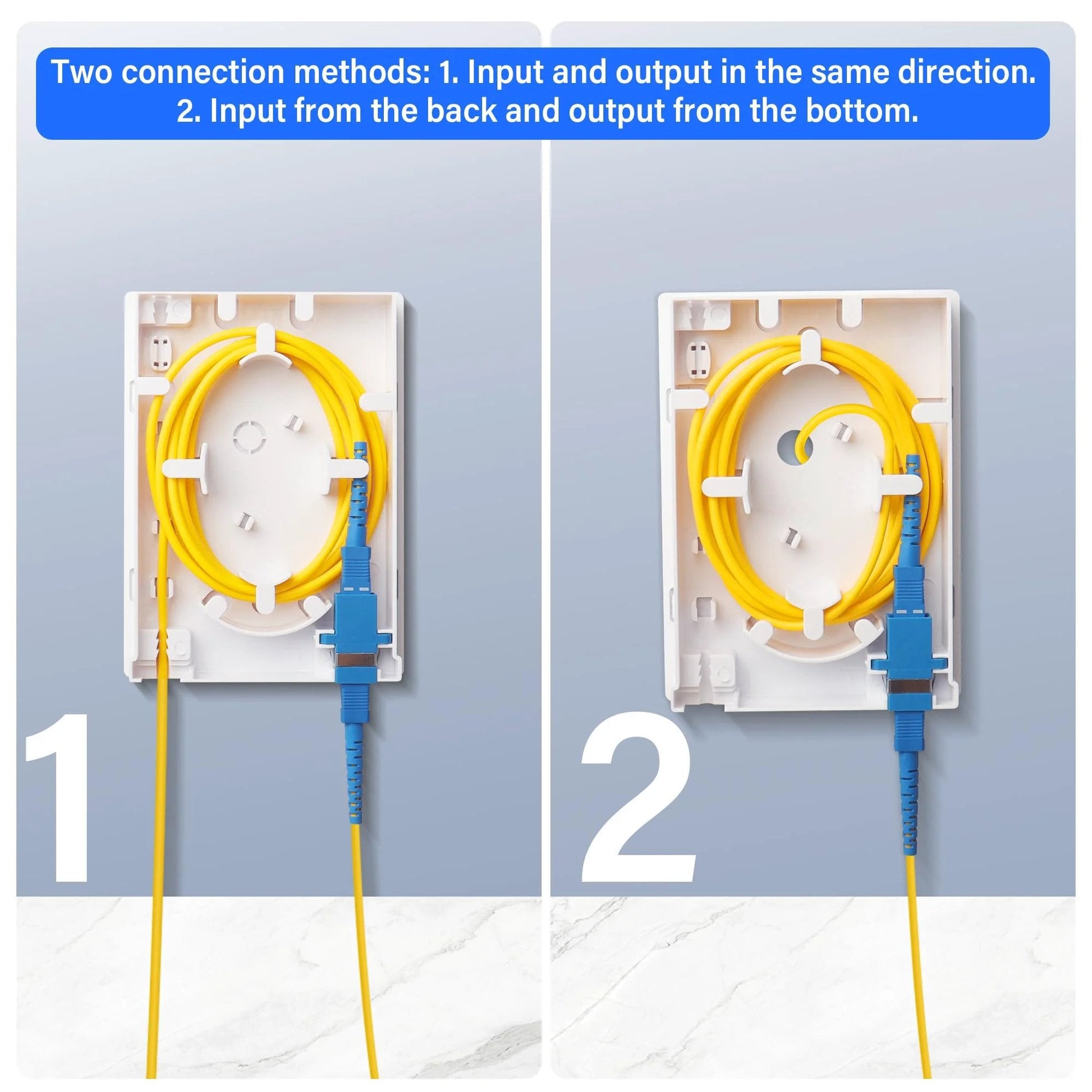 2 Port Fiber Optic Terminal Junction Box Desktop Panel For FTTH With SC UPC Connectors shown with cable management setup