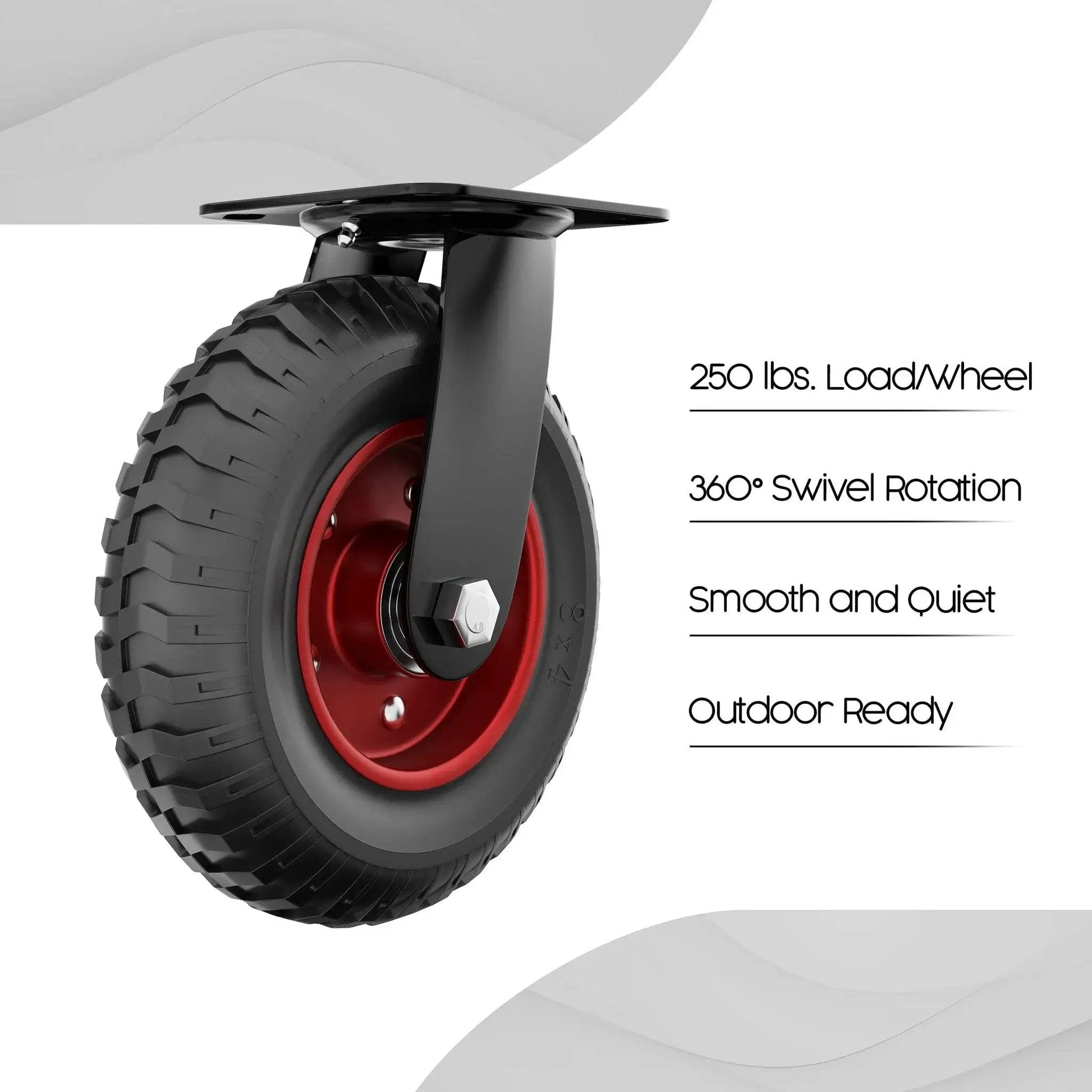 8 Inch Heavy Duty Swivel Caster Wheels with Polyurethane Flat Free Tire for All Terrain Outdoor Use, black tire, red hub