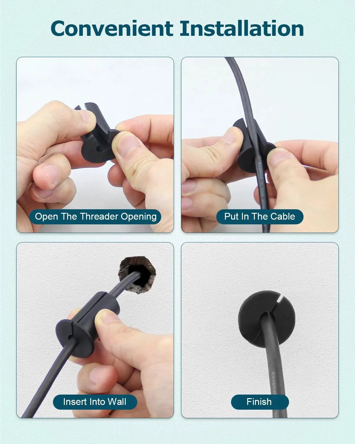 4-step installation of 6 Pack 3/4 Inch Rubber Wall Grommets for Cable Routing and Protection with 19mm hole