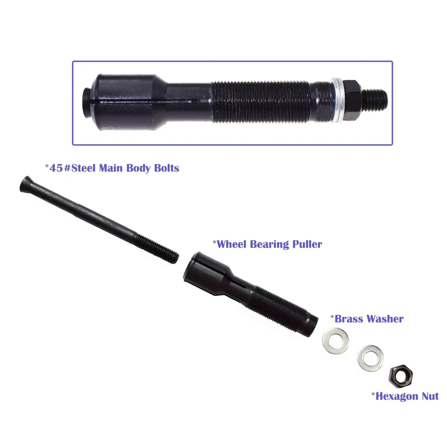 Motorcycle Wheel Bearing Removal And Installation Kit for Harley-Davidson with puller, bolts, washers, and nut displayed