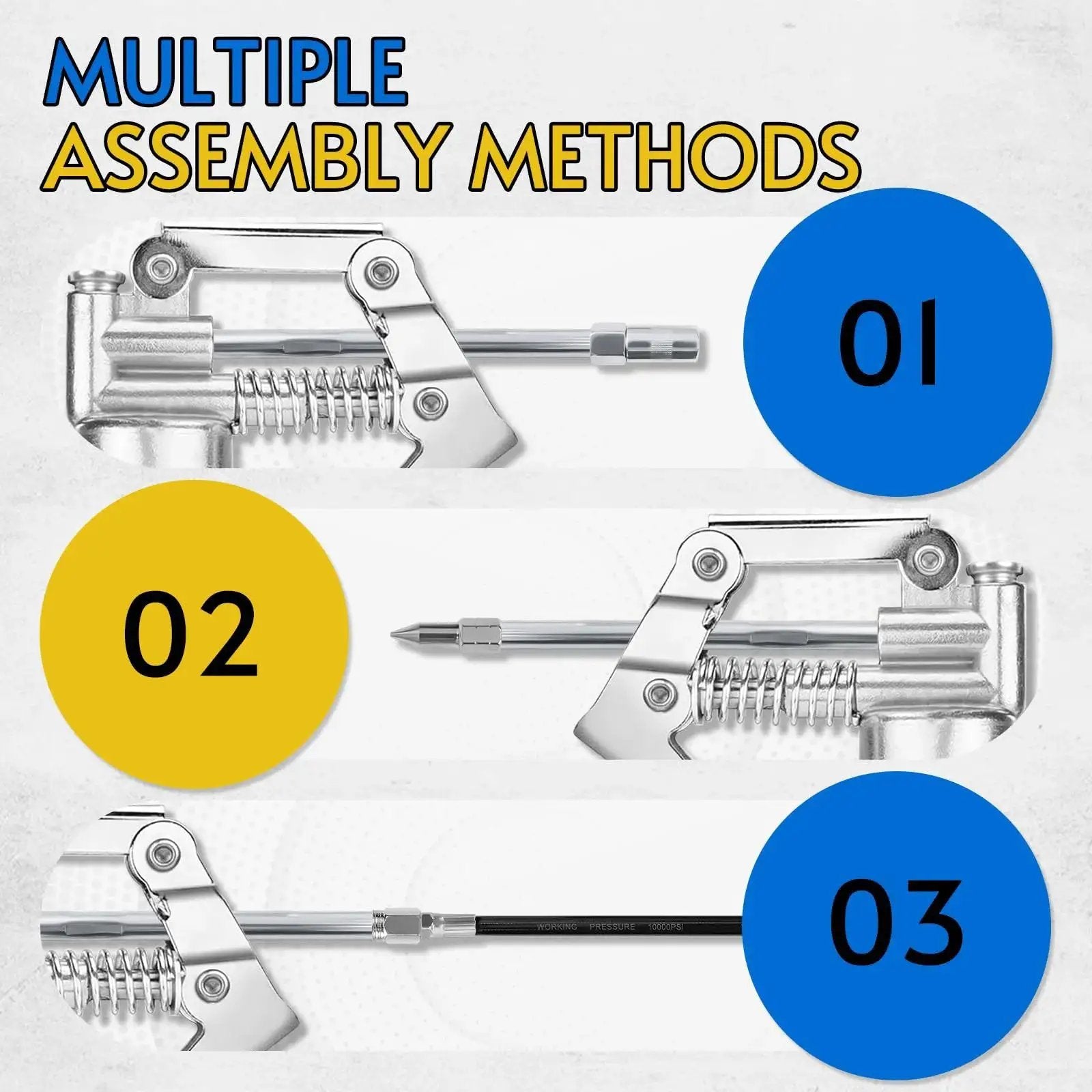 Image showing three assembly methods for All-In-One Mini Grease Gun Kit with interchangeable parts and couplers.