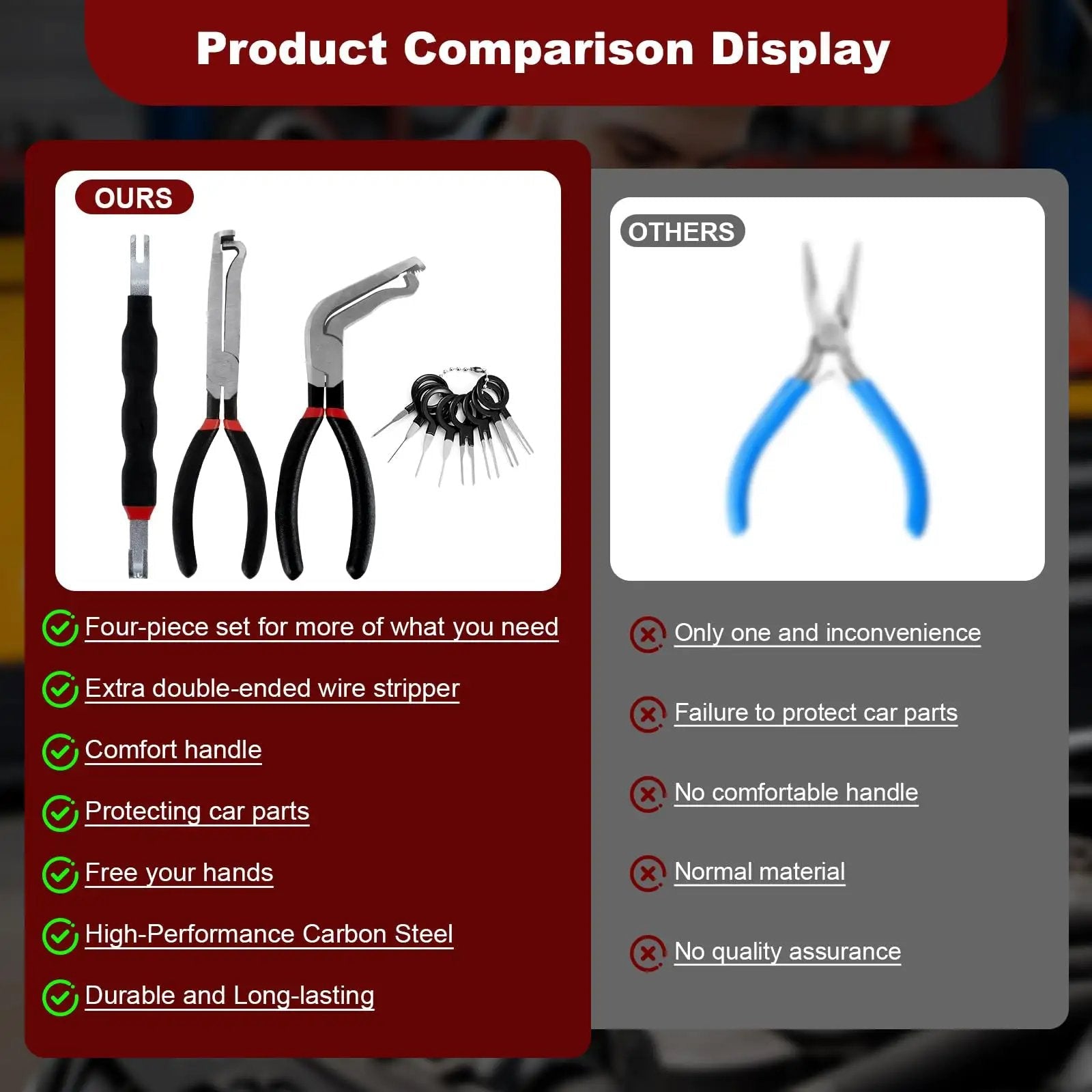 Comparison image showing 4 Piece Automotive Electrical Disconnect Pliers Set 37960 Straight 37980 60 Degree 13120 Dual Head Carbon Steel tools.