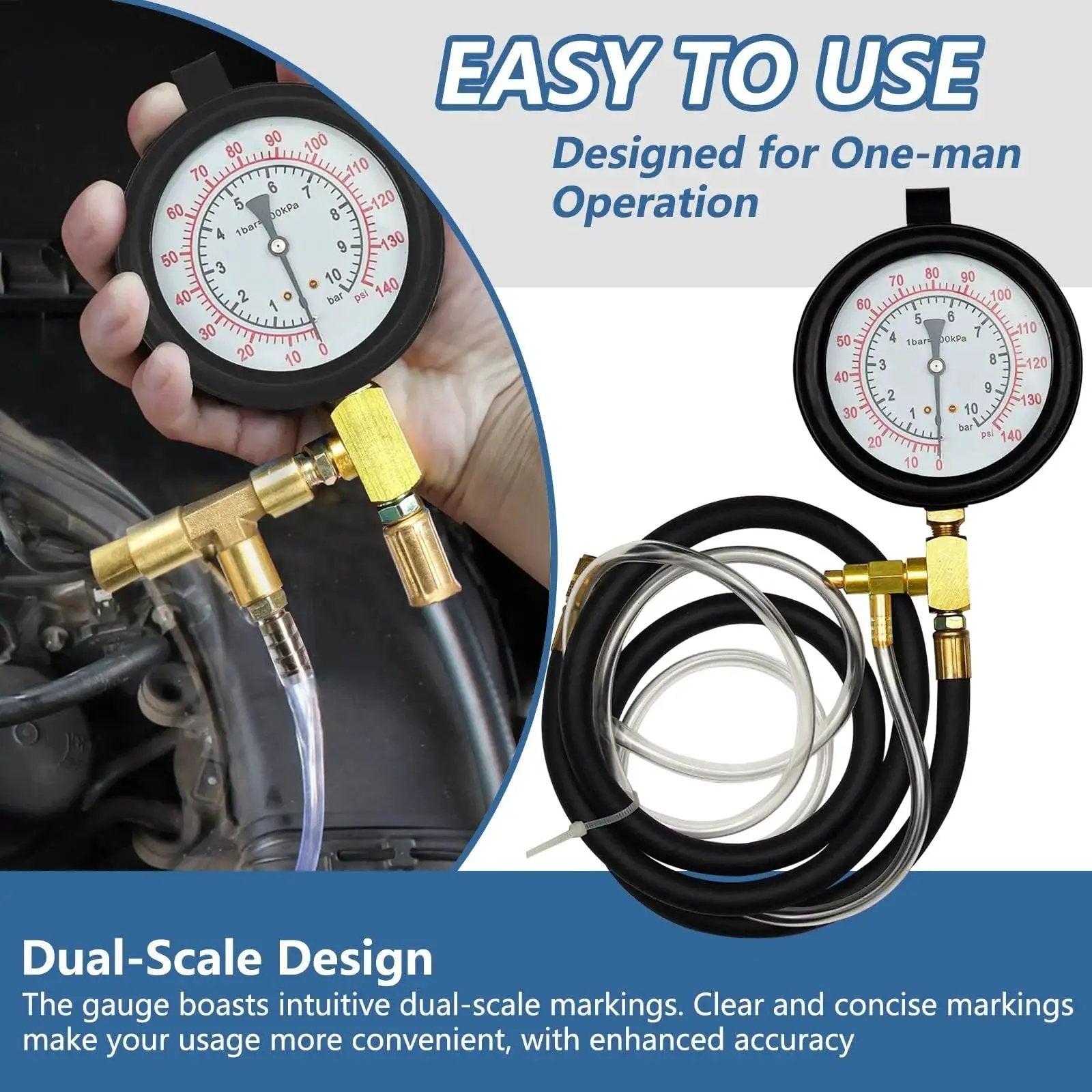 Fuel Injection Pressure Tester Kit With Gauge 0 To 140 PSI And Fittings, dual-scale gauge displayed on a black hose