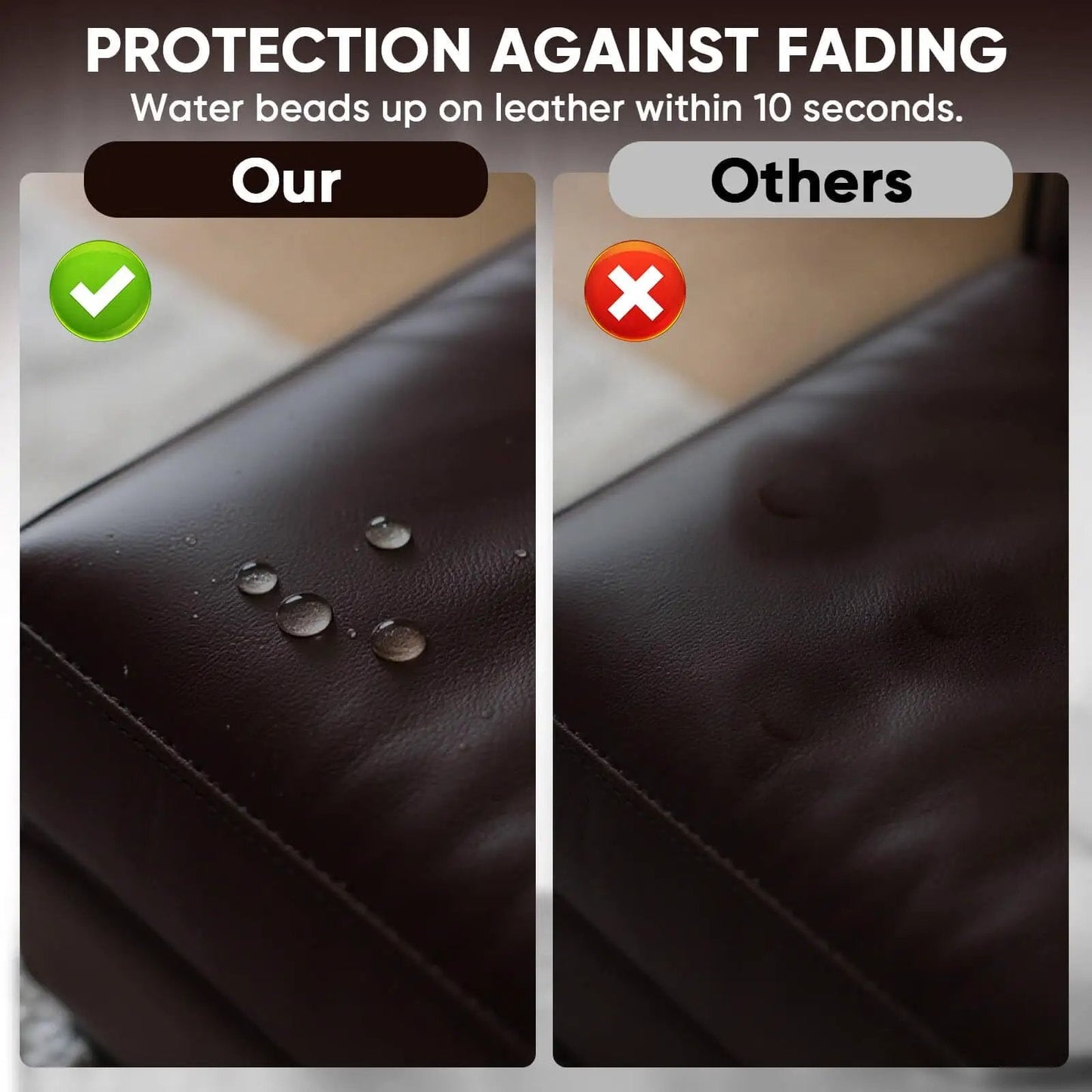 Side-by-side comparison of leather with water beads and without, showcasing Leather Recoloring Balm For Faded Leather And Scratches Easy Color Restoration Kit