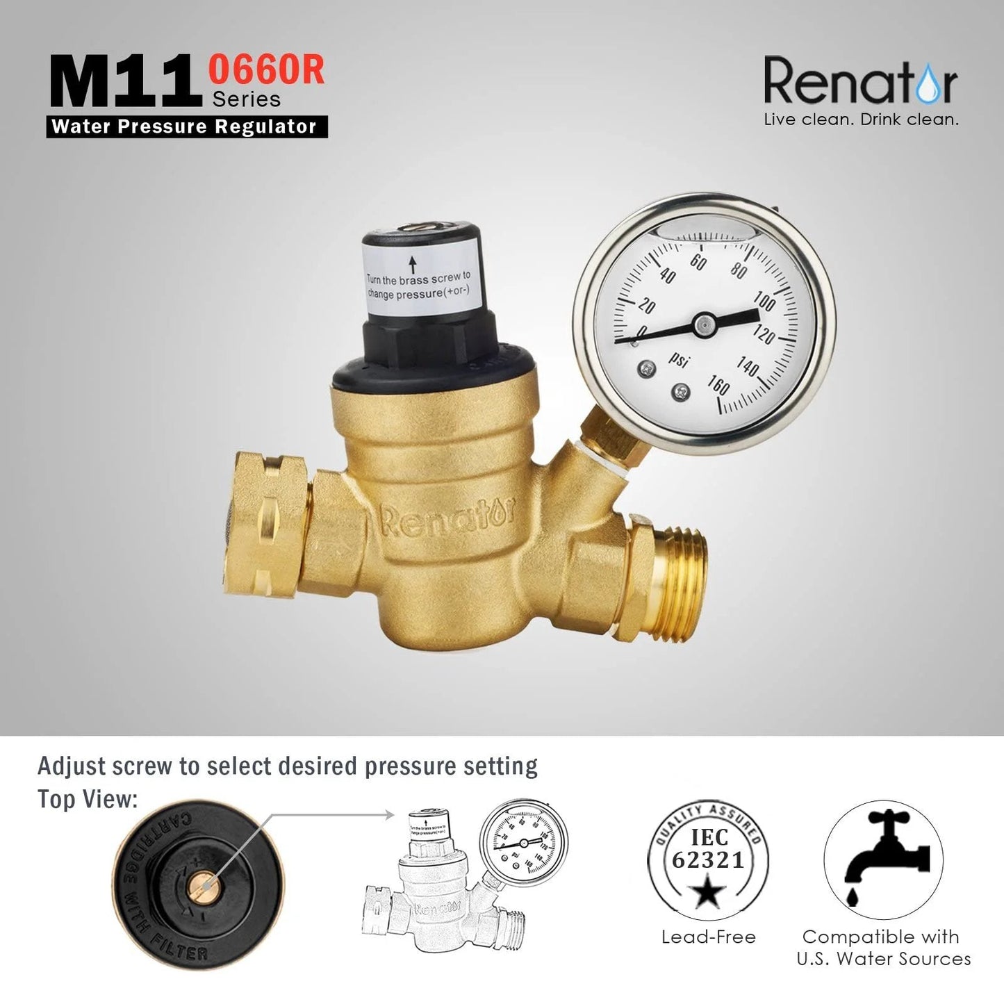 Adjustable Brass RV Water Pressure Regulator With Gauge For RVers And Campers Travel Trailers Lead Free Reducer Valve With Filter