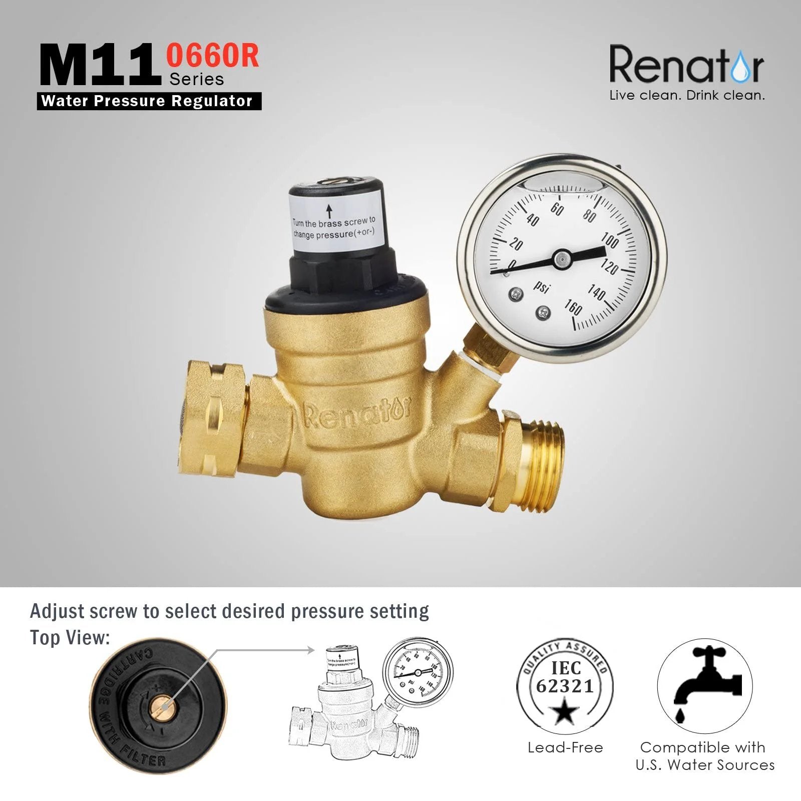 Adjustable Brass RV Water Pressure Regulator With Gauge For RVers And Campers Travel Trailers Lead Free Reducer Valve With Filter