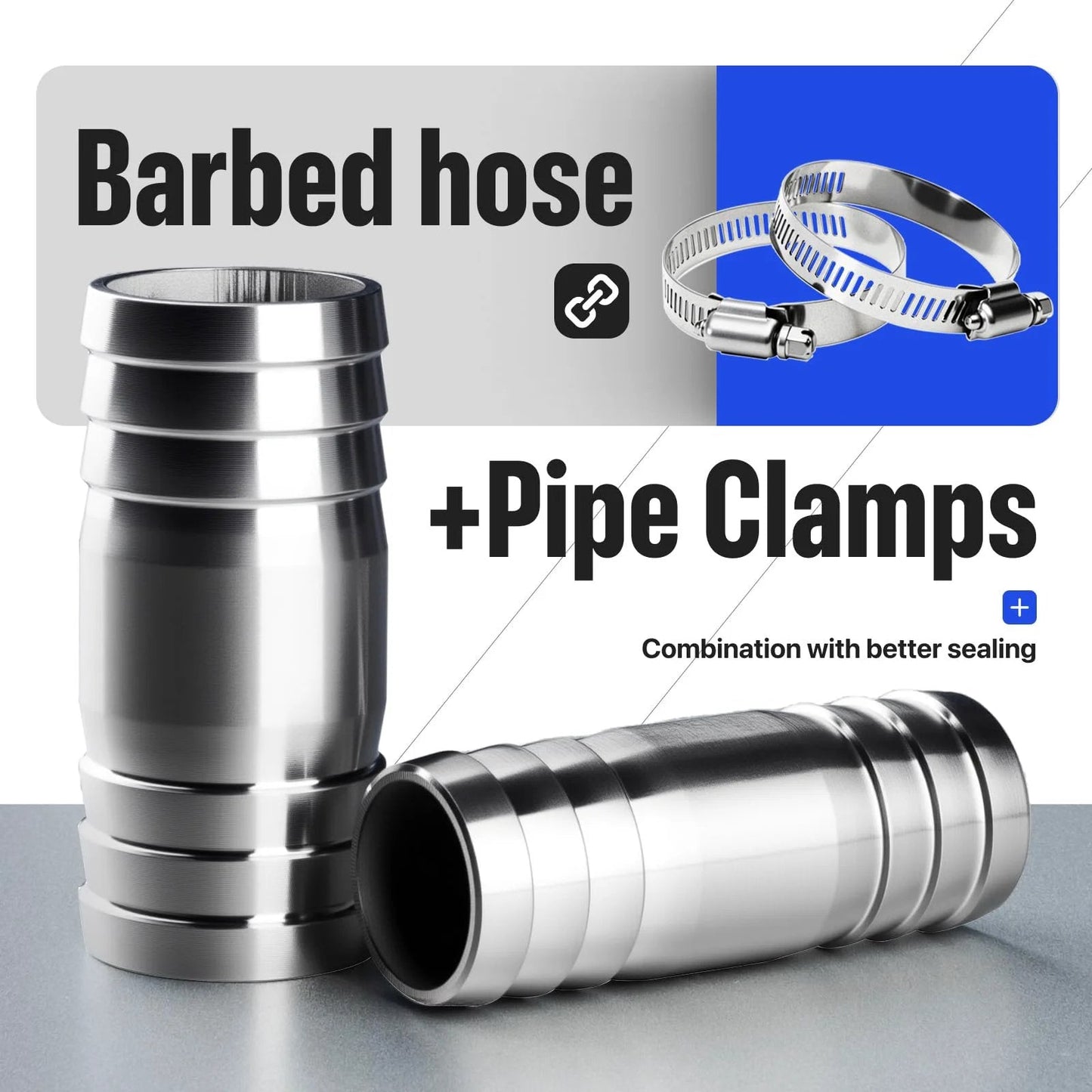 2 Pack Three Quarter Inch Hose Barb Fittings 4 Inch Long 304 Stainless Steel Sanitary Barbed Splicer Mender Union Couplers With Hose Clamp