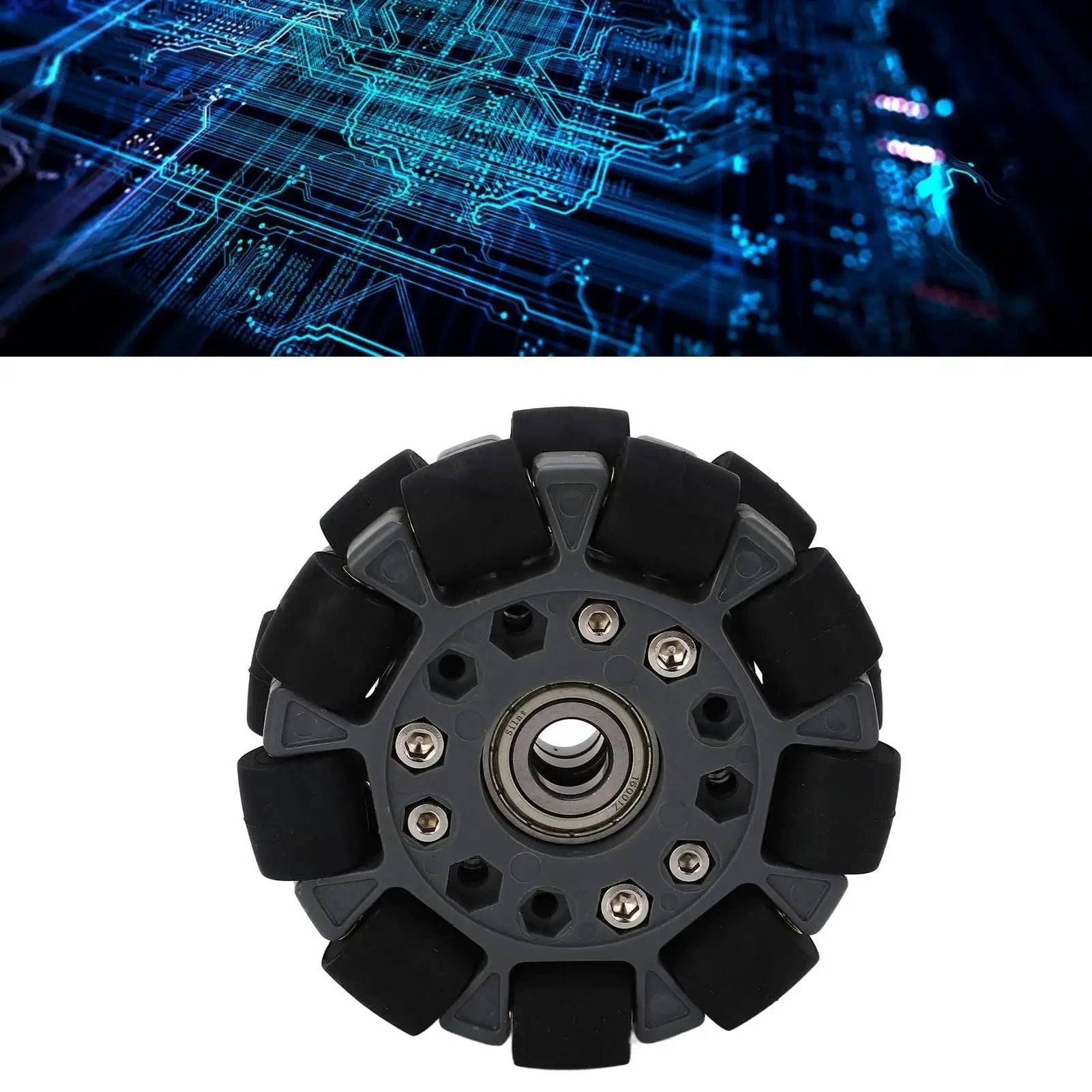 Front view of Omni Directional Robot Wheel 100mm with central bearing for 360 degree rotation in robotics projects.