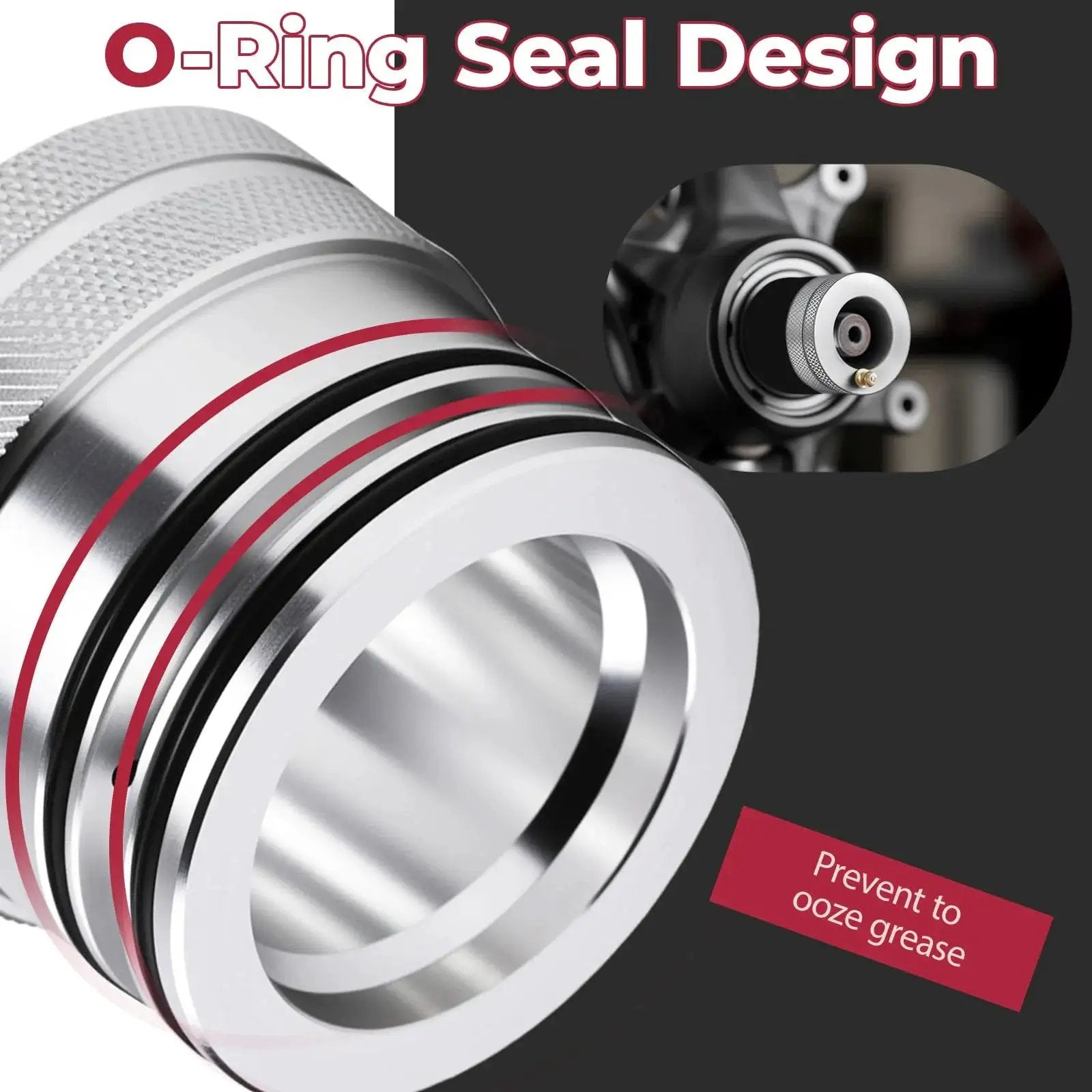 Close-up of 44mm Front And Rear Wheel Bearing Greaser Kit Aluminum UTV Tool Kit O-ring seal for Polaris models, detail view.