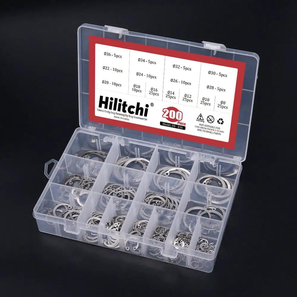 Open box of Internal Circlip Snap Ring Kit 200-Piece 15-Size Assortment In 304 Stainless Steel with labeled compartments