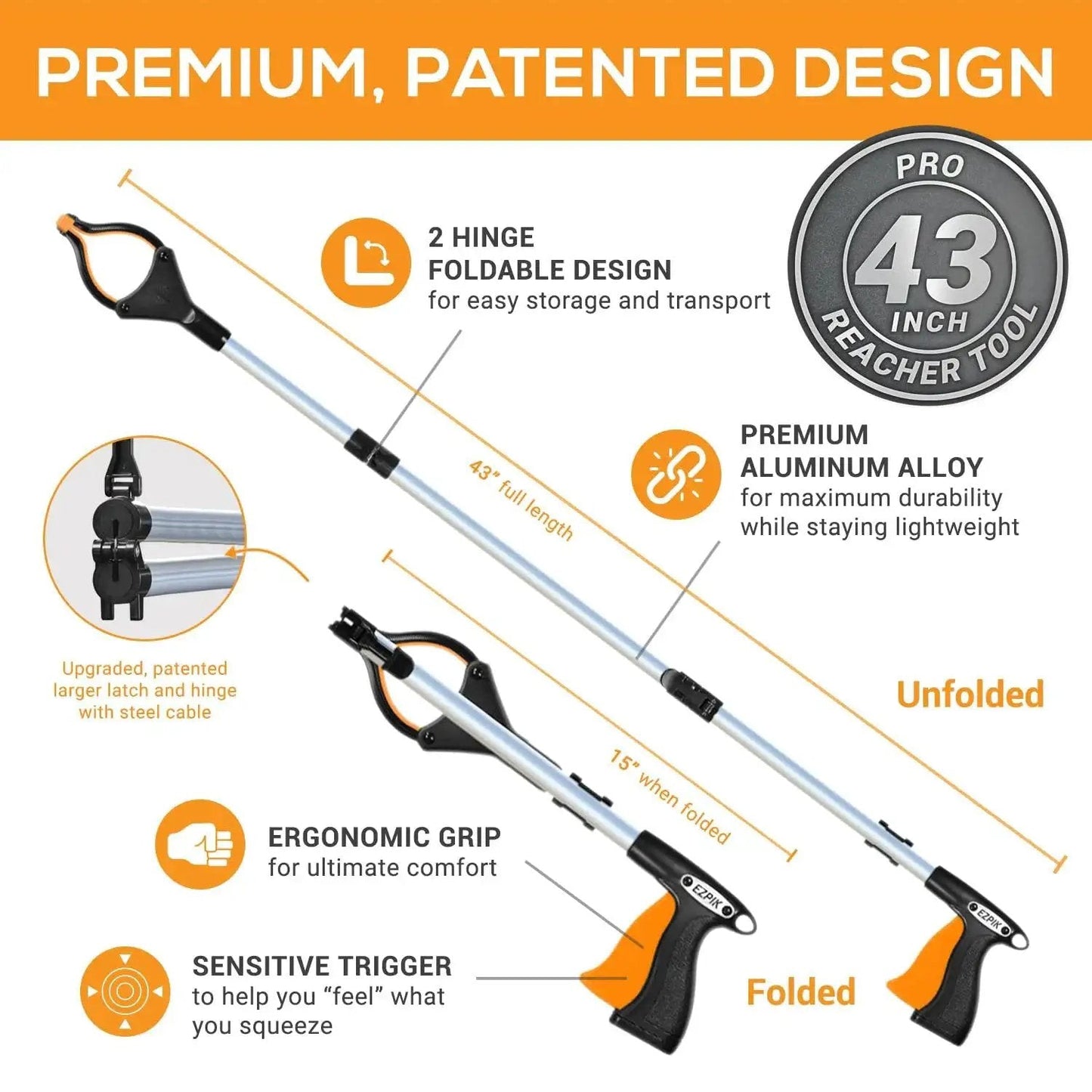 Foldable 43 Inch Grabber Reacher Tool For Seniors And Elderly With Magnetic Tip and Heavy Duty Claw Grabber shown unfolded and folded