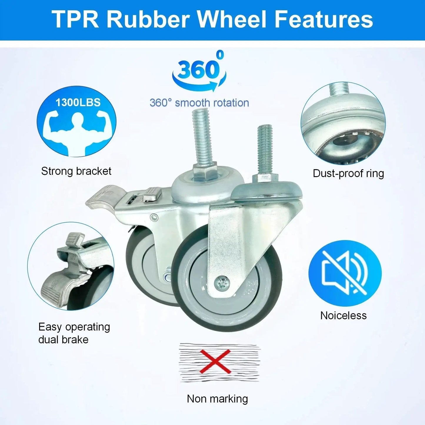4 Inch Swivel Caster Wheels Heavy Duty With Nylon Brake Set Of 4 TPR Rubber Wheels showcasing features like 360 rotation and dust-proof ring