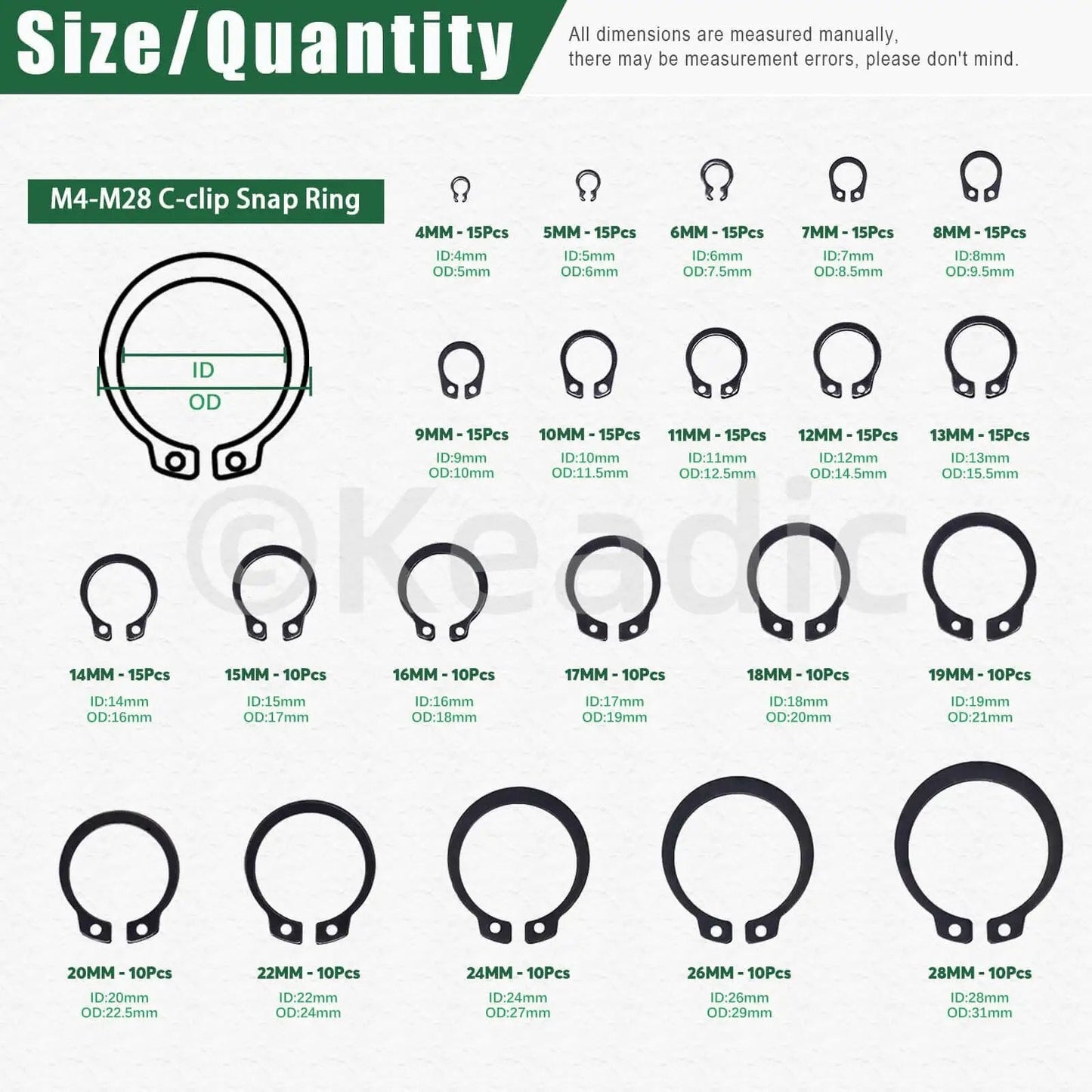 Alloy Steel C Clip Retaining Ring Kit 266 Pieces 21 Sizes From M4 To M28 External Circlips Snap Rings chart