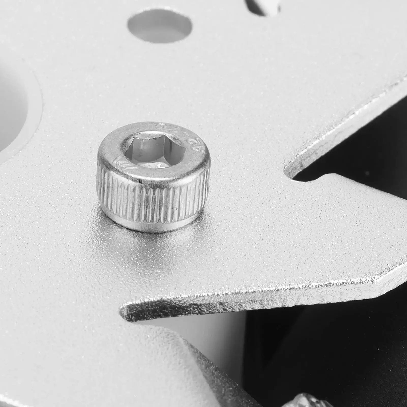 Close-up of aluminum alloy chassis with screw for 4 Pack 100mm Steel Mecanum Wheels For RC Robot Cars, Omni Directional Drive System