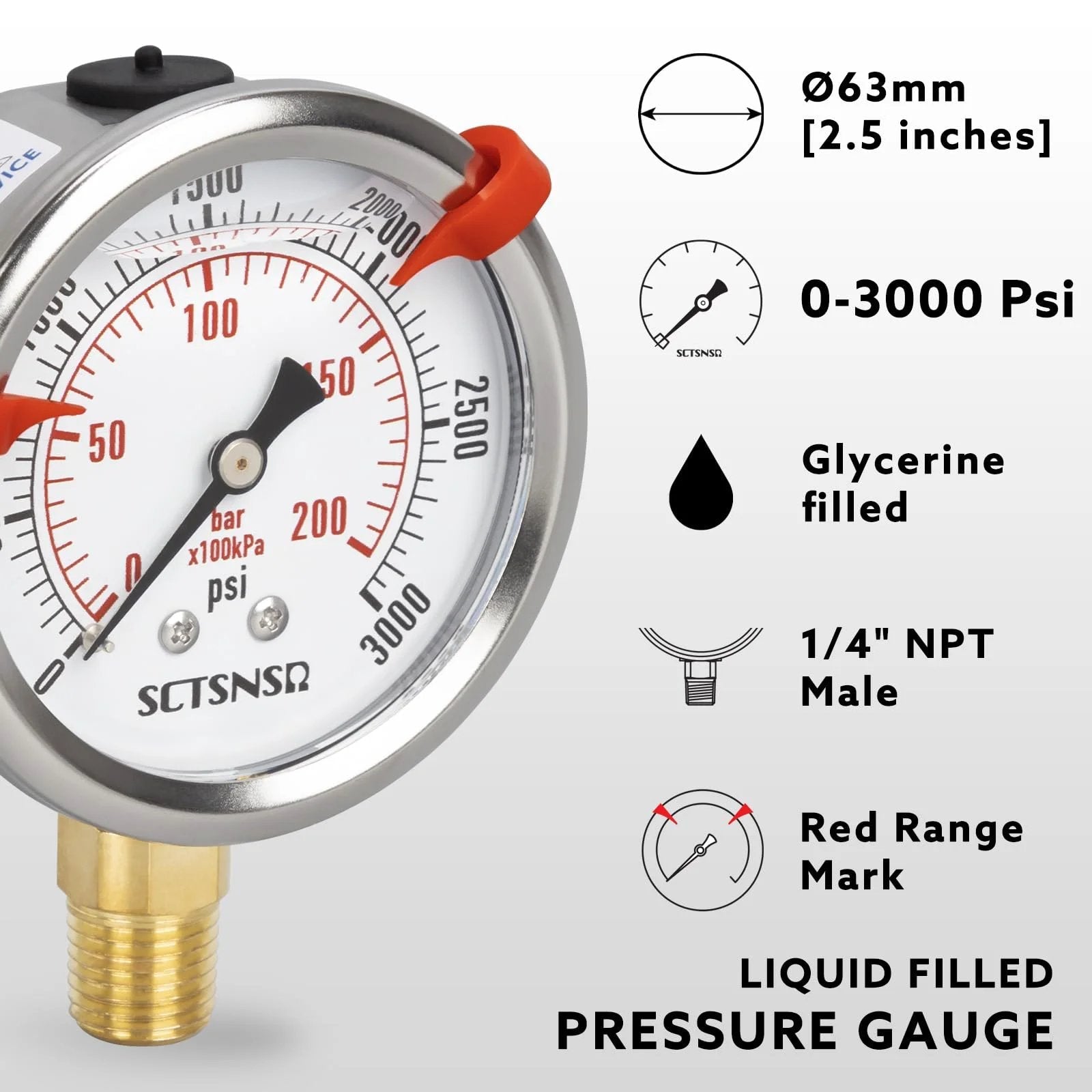 Glycerin Filled 0 To 3000 Psi Pressure Gauge with Two And A Half Inch Dial, Stainless Steel Case and Brass Core, by SCTSNSR