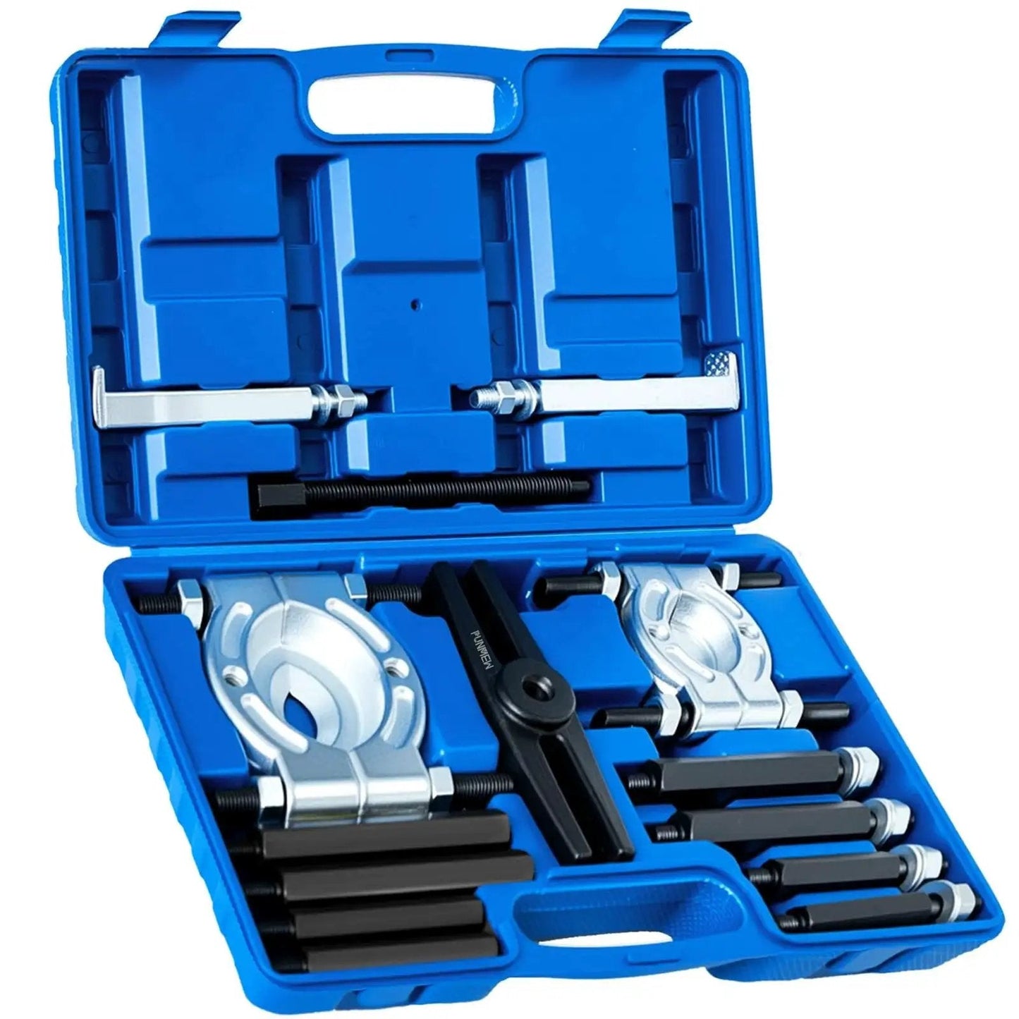 5 Ton Bearing Removal Puller Kit With 2 Inch And 3 Inch Jaws in blue storage case, accessories included, open view