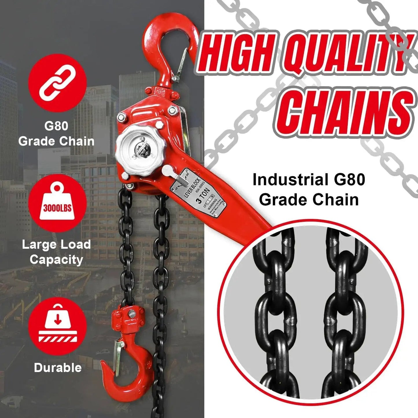 Manual Lever Chain Hoist 3 Ton Capacity G80 Grade Steel And Double Pawl Brake with industrial G80 chain close-up