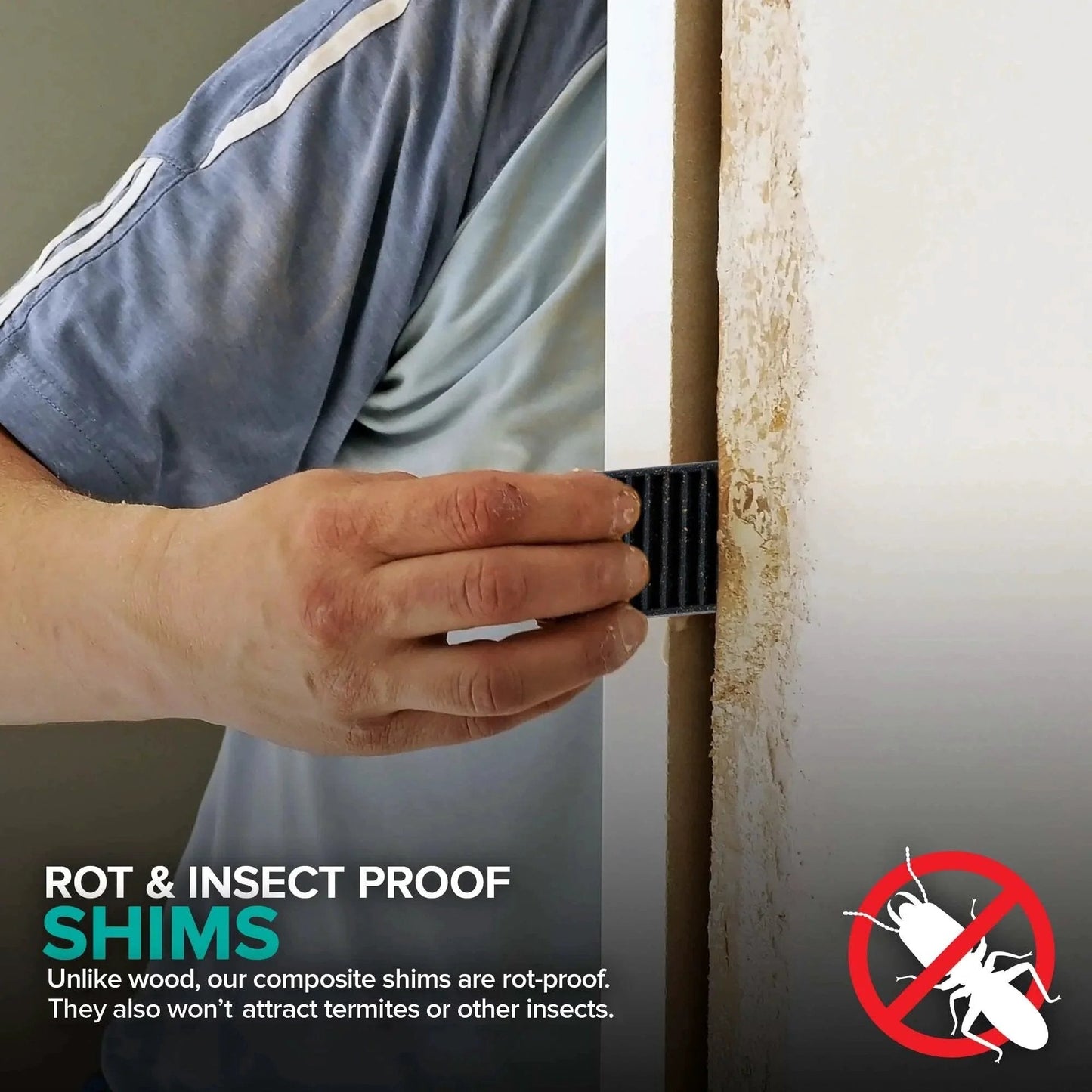 Person installing hard composite shim for home improvement, showcasing rot-proof and insect-resistant properties, DIY leveler use.