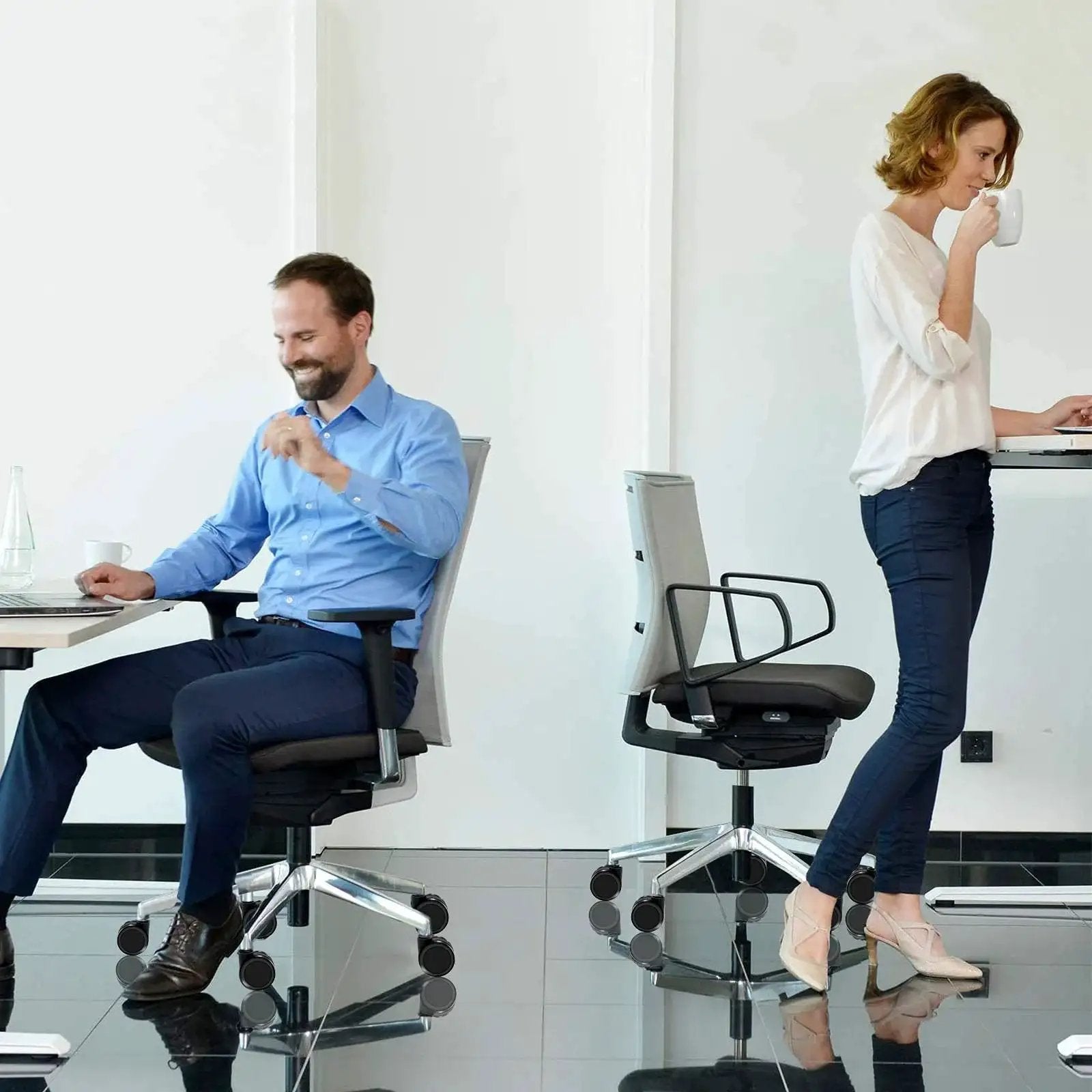Office setting with two people using chairs equipped with Replacement Office Chair Wheels Set, Smooth Gliding Caster Wheels For Hardwood Floors.