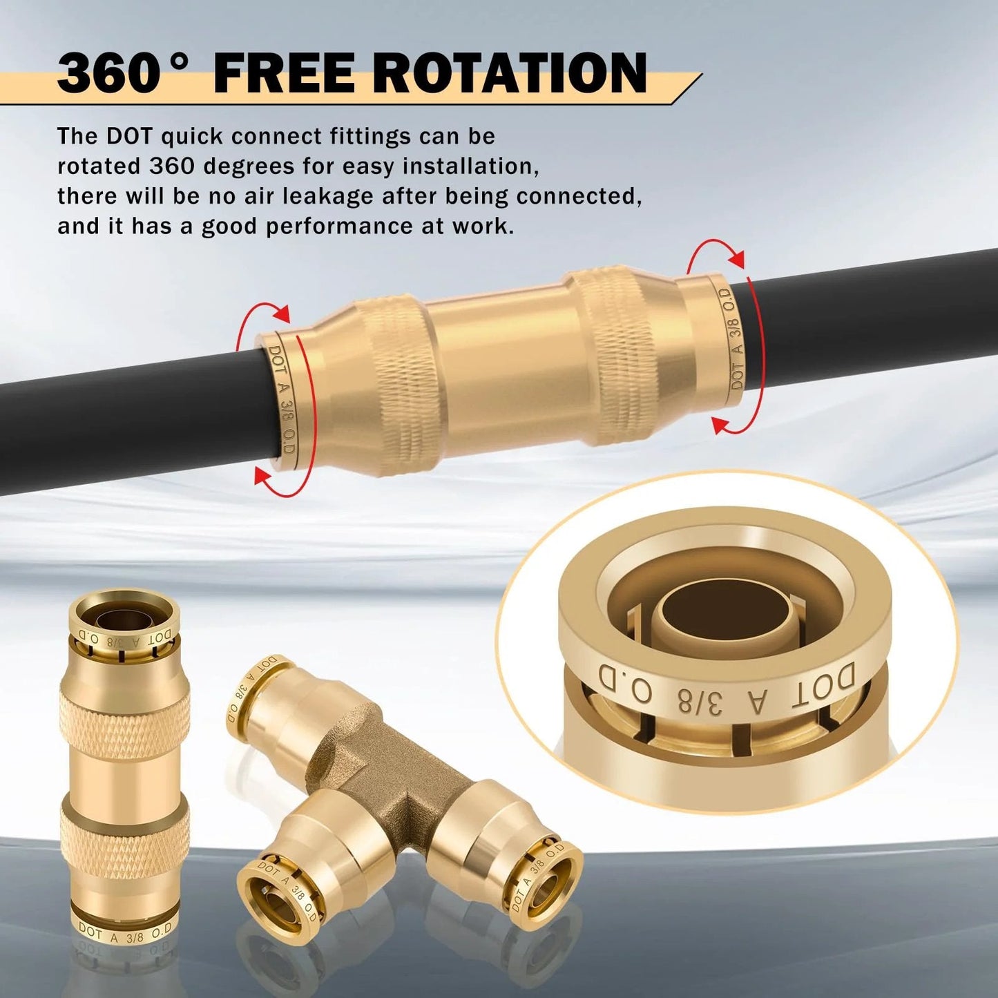 Brass DOT Air Line Fittings Kit With Fifty Foot One Quarter Inch And Thirty Foot Three Eighth Inch Air Hoses Twelve Brass Tee Fittings Twenty Two Brass Straight Unions One Tube Cutter Push Lock Quick Connect Pneumatic Tubing Set For Easy Install featuring 360-degree rotation fittings, detail view of connectors.