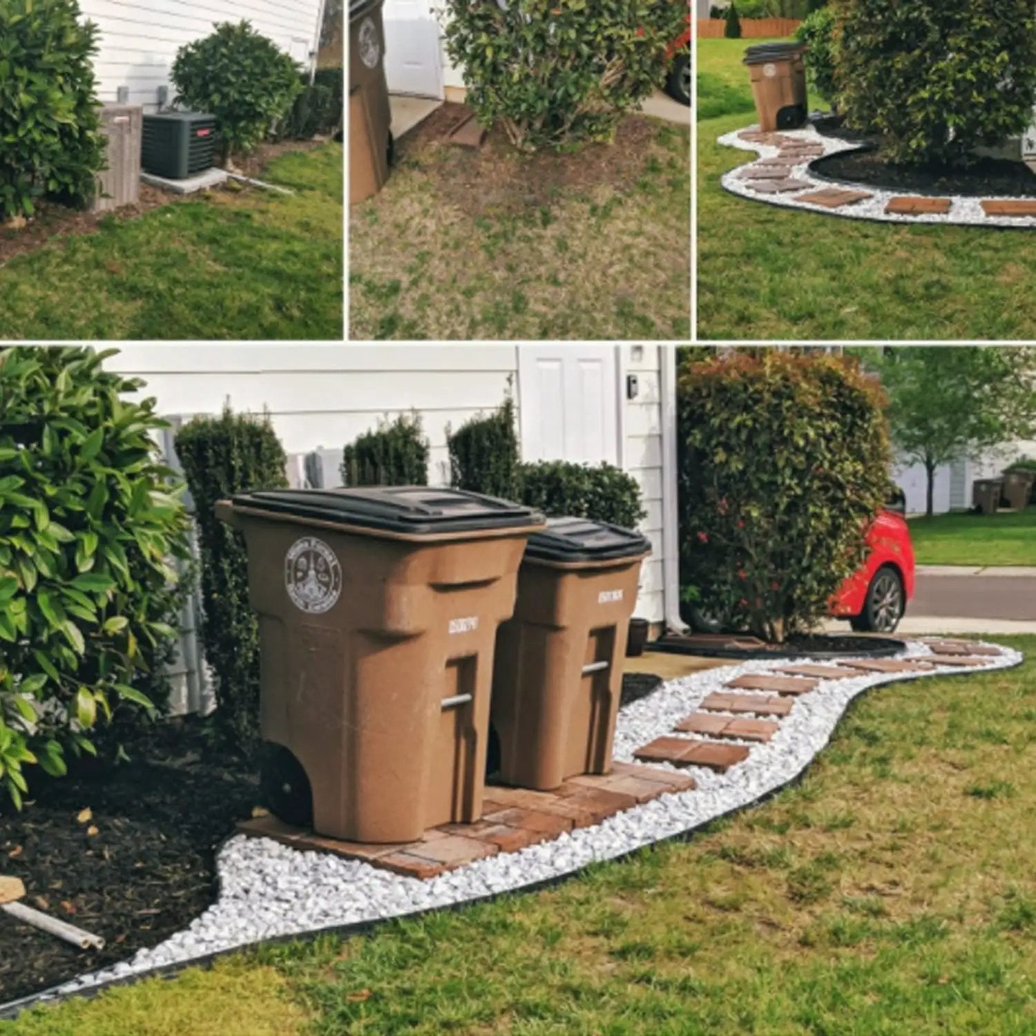 Landscape with garden edging, shrubs, and installed weed barrier using spiral nylon landscape anchoring spikes for durability.