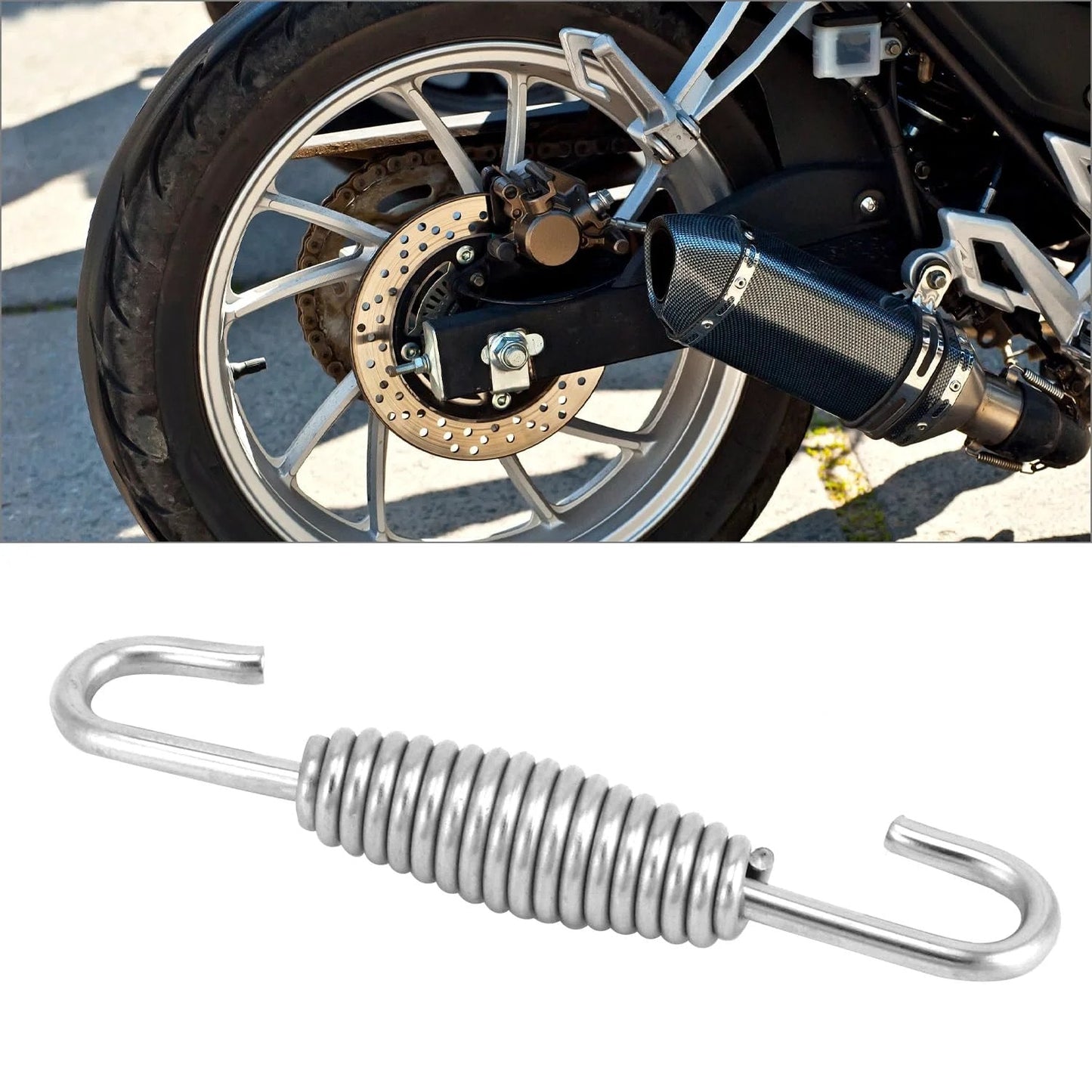 Premium Stainless Steel Motorcycle Exhaust Springs 8 Pack With Swivel Hook Design Anti Binding 68mm 2.68 Inch For Muffler Pipes Built Tough Durable Fitment By QWORK shown next to motorcycle wheel and exhaust.