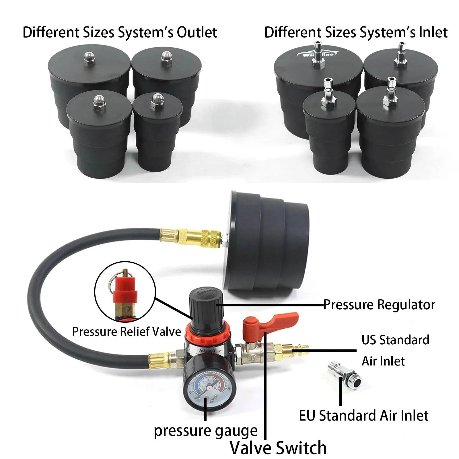 Turbo Boost Leak Tester Kit For Cars And Light Trucks, 9-Piece Set With Stepped Adapters From One And Three-Eighths Inch To Three And One-Half Inches, Turbo Pressure Tester For Cooling Emissions And Exhaust Piping, Quick Leak Location displayed with adapters and gauge
