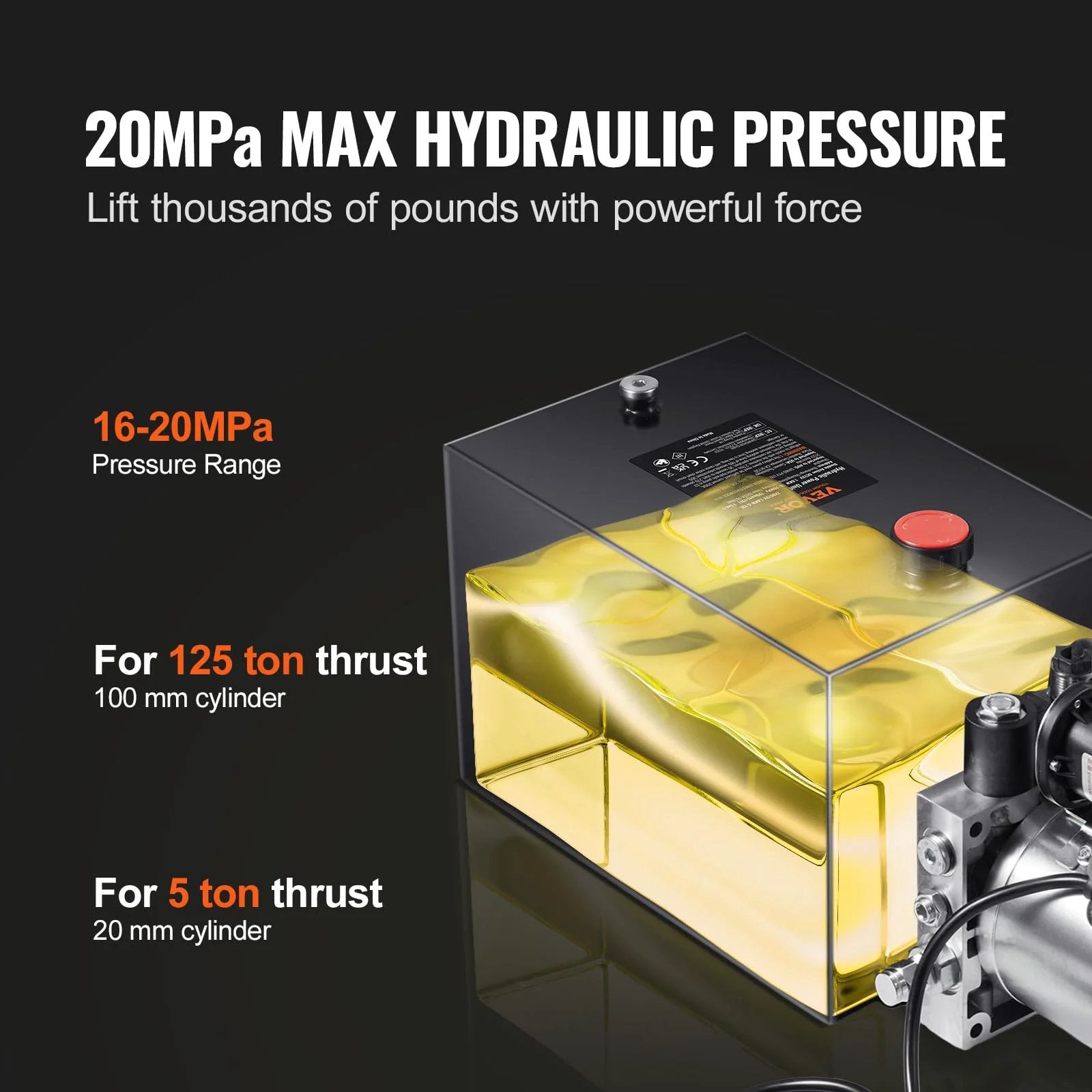 Beefy 20 Quart Hydraulic Dump Trailer Pump For 12V DC Systems, clearer view of transparent reservoir, max pressure details visible