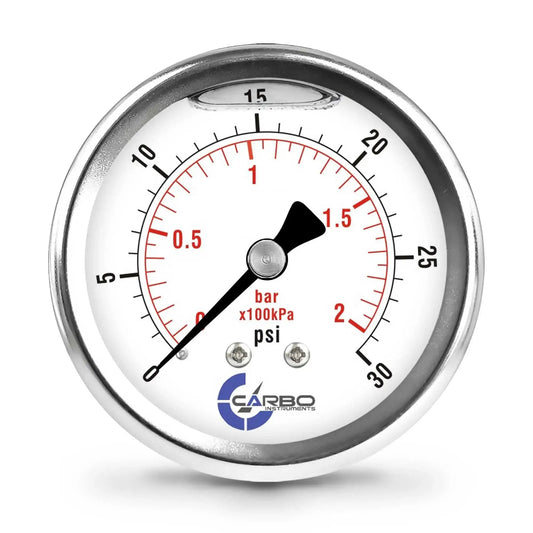 Two And A Half Inch Liquid Filled Pressure Gauge With Stainless Steel Case And Chrome Plated Brass Connection Back Mount NPT 0 To 30 Psi Dual Scale Psi Bar With KPa Guidance ASME B40 1 Grade A Accuracy For Oil Water Air Hydraulics HVAC