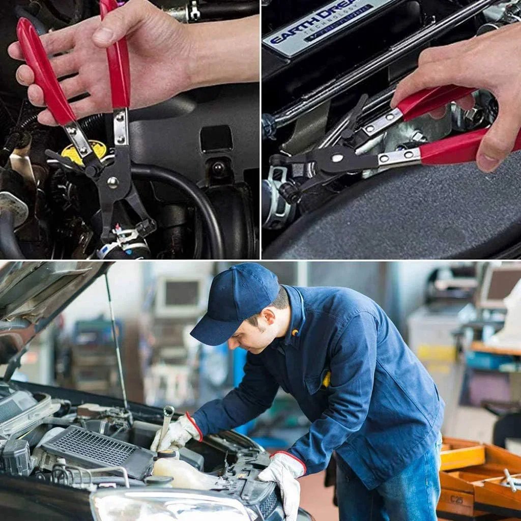 Two Piece Hose Clamp Pliers Set With 45 Degree Angle Flat Belt Hose Clamp Pliers And Wide And Flat Band Hose Clamp Pliers For Automotive Fuel Oil Water Coolant Radiator Heater Maintenance And Repair in use during car engine maintenance