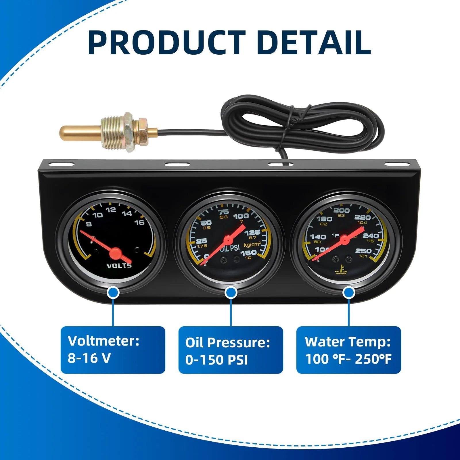 Pro Grade Triple Gauge Kit For Cars 52mm 2 Inch Voltmeter Oil Pressure Gauge 0 To 150 PSI And Water Temperature Gauge 100