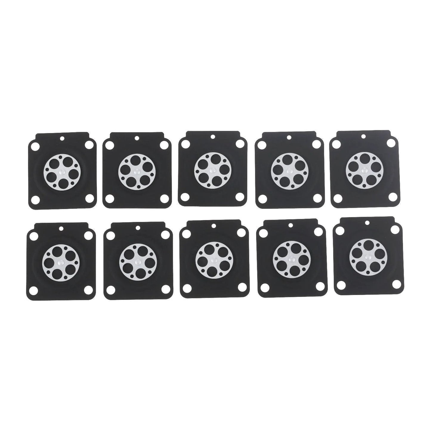 Metering Diaphragm Replacement Kit For Zama A015053 Small Engine Carburetors Includes Ten Diaphragms For STIHL Trimmers FS38 FS75 FS85 BG55 SP81 And C1Q Series Engines With C1Q S69A S70 S71 S73 S79 S93 S95 S97 S68, showing ten black diaphragms with circular designs.