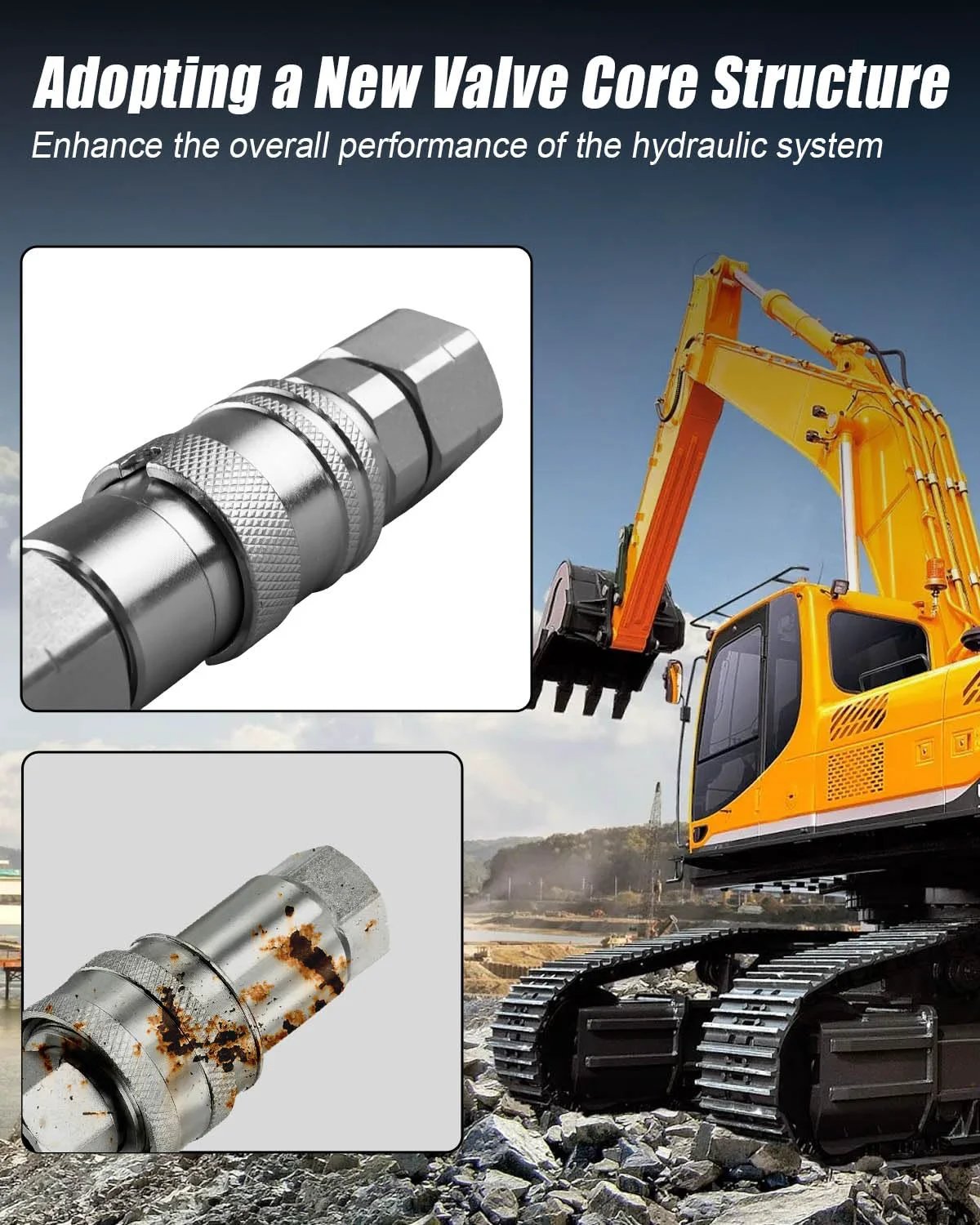 Three Eighths Inch Flat Face Hydraulic Quick Connect Couplers With Dust Caps For ISO 16028 Flat Face And Three Eighths Inch Body And One Half Inch NPT Thread Sleeve Lock Anti Detach System With Debris Shield on construction site with excavator in background