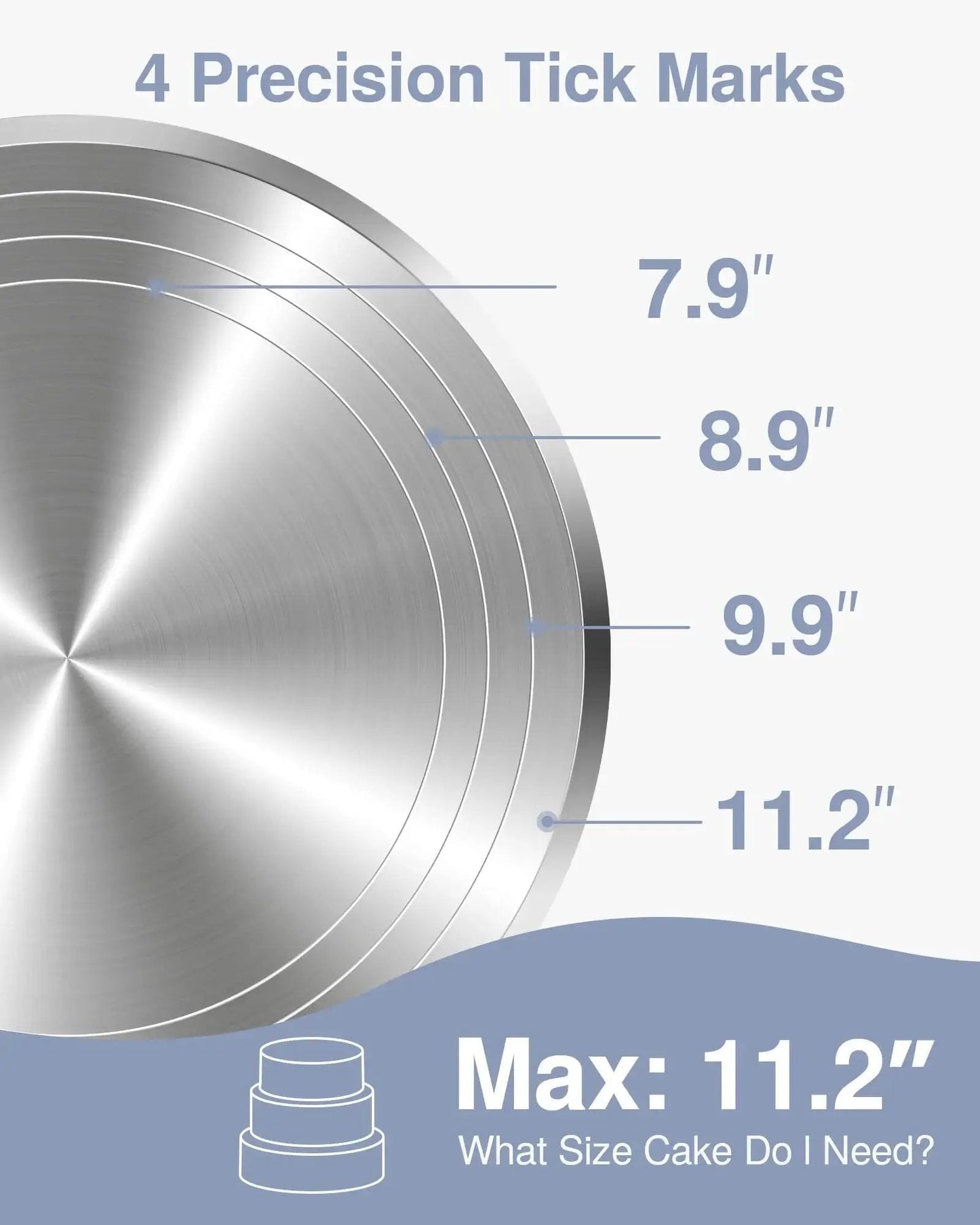 Top view of 12 Inch Aluminum Alloy Rotating Cake Turntable With Non Slip Silicone Bottom, showing precision tick marks from 7.9 to 11.2 inches.