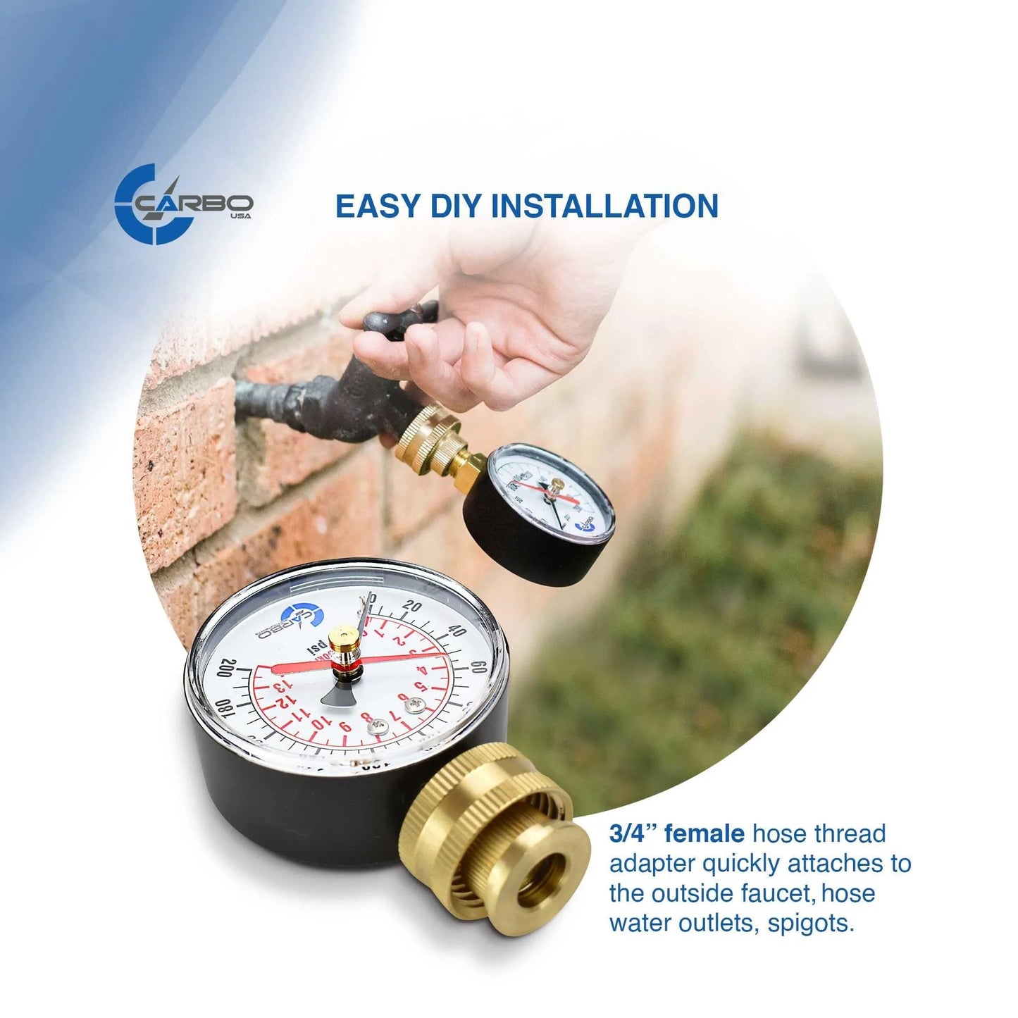 Rugged Two And A Half Inch Water Pressure Gauge With Peak Memory And Red Max Pointer Built Tough For Home Garden RV And Indoor Outdoor Use 0-200 PSI Three Quarter Inch Female Hose Thread Rust Resistant Brass Connector CARBO Instruments installed