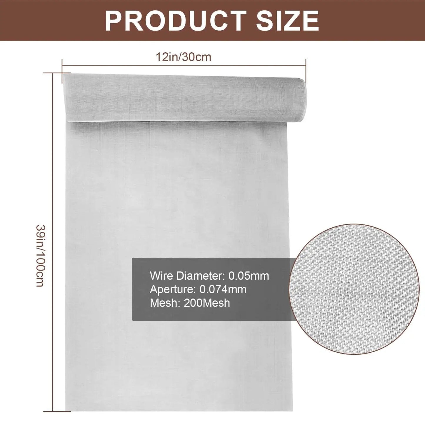 Heavy Duty 304 Stainless Steel Mesh Screen 200 Mesh for DIY Projects and Garden Use Large 39.3 Inch By 11.8 Inch Metal Wire Filter Screen Fine Wire Mesh for Filtration Rustproof Durable Construction, product size with dimensions and close-up of mesh pattern