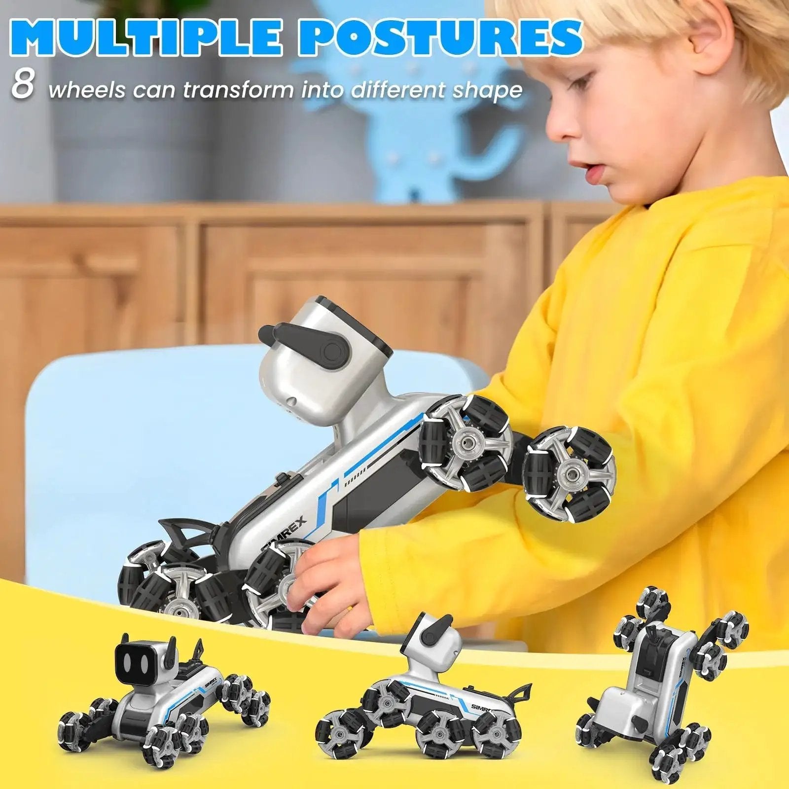 Child playing with Dynamic Eight Wheel Robot Dog RC Stunt Car With Gesture Sensing Remote Mecanum Wheels For 360 Degree Mobility